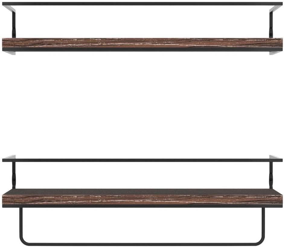 Shario Rustic Wood Floating Shelves - Set of 2, Wall Mounted Hanging Shelves with Black Towel Rack, Decorative Storage Shelves for Bathroom, Kitchen, Living Room & Bedroom (Dark Carbonized Brown) - White image number 4