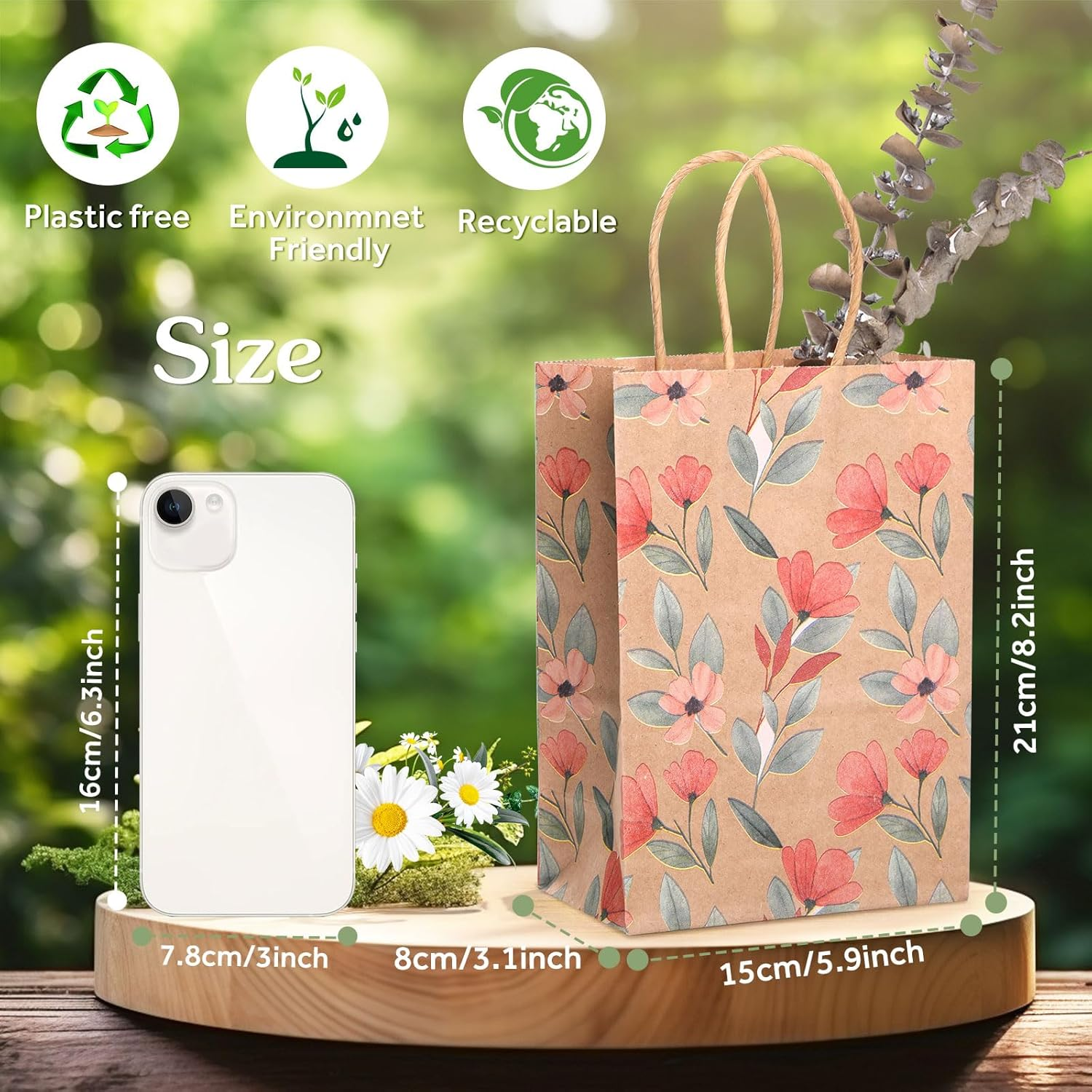 12Pcs Kraft Gift Bags, Geeric Party Gift Bag Printing Flower Gift Wrapping Bags with Handles Candy Treat Bag Paper Bags Bulk for Wedding,Thanksgiving Day,Party Supplies image number 6