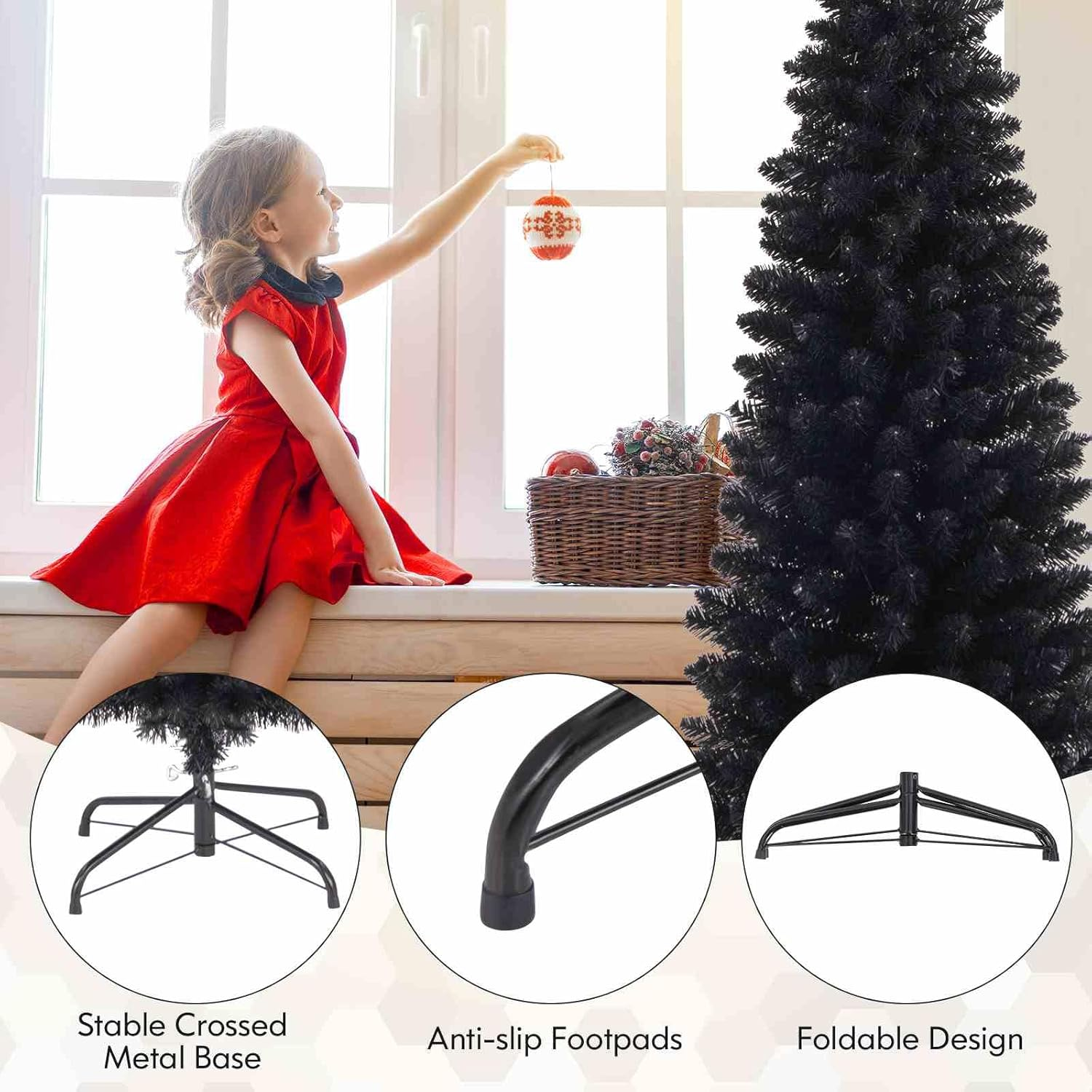 Costway 180 CM Black Artificial Halloween Christmas Tree, Slim Pencil Black Tree W/ 460 Branch Tips, Foldable Metal Stand, Corner Xmas Full Tree Carnival Decoration (180 Cm) image number 4