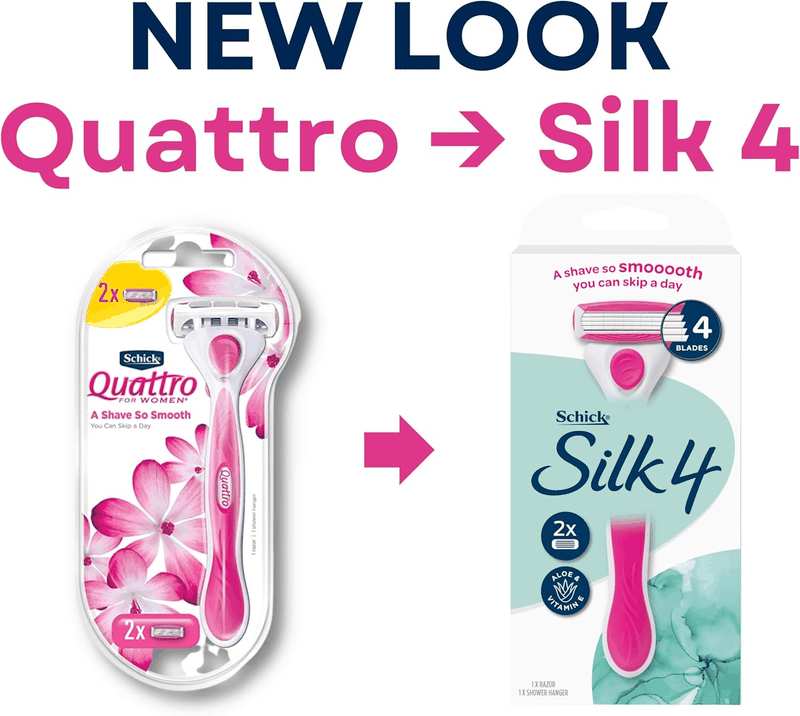Schick Silk 4 Quattro for Women'S Kit +2 | Razor Handle with 2 Refills | 4 Blade Razor | a Shave so Smooth You Can Skip a Day | Aloe | Vitamin E image number 1