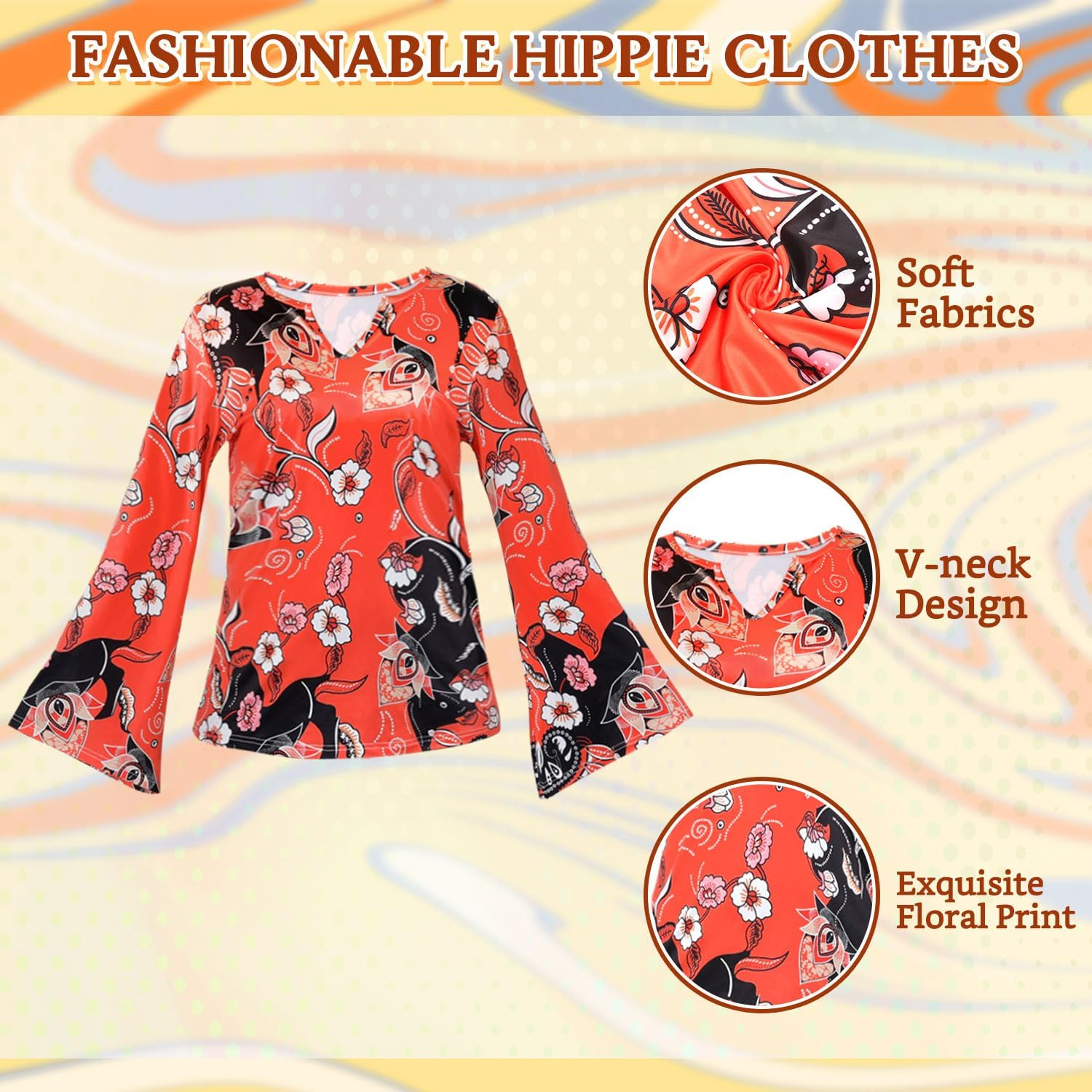 AUTOWT 7Pcs 60S 70S Outfits Womens Hippie Costume Set, Disco Hippie Outfit Dress Boho Flared Pants Hippie Shirt with Sunglasses Headband Earrings Necklace for Adults Halloween Cosplay image number 6