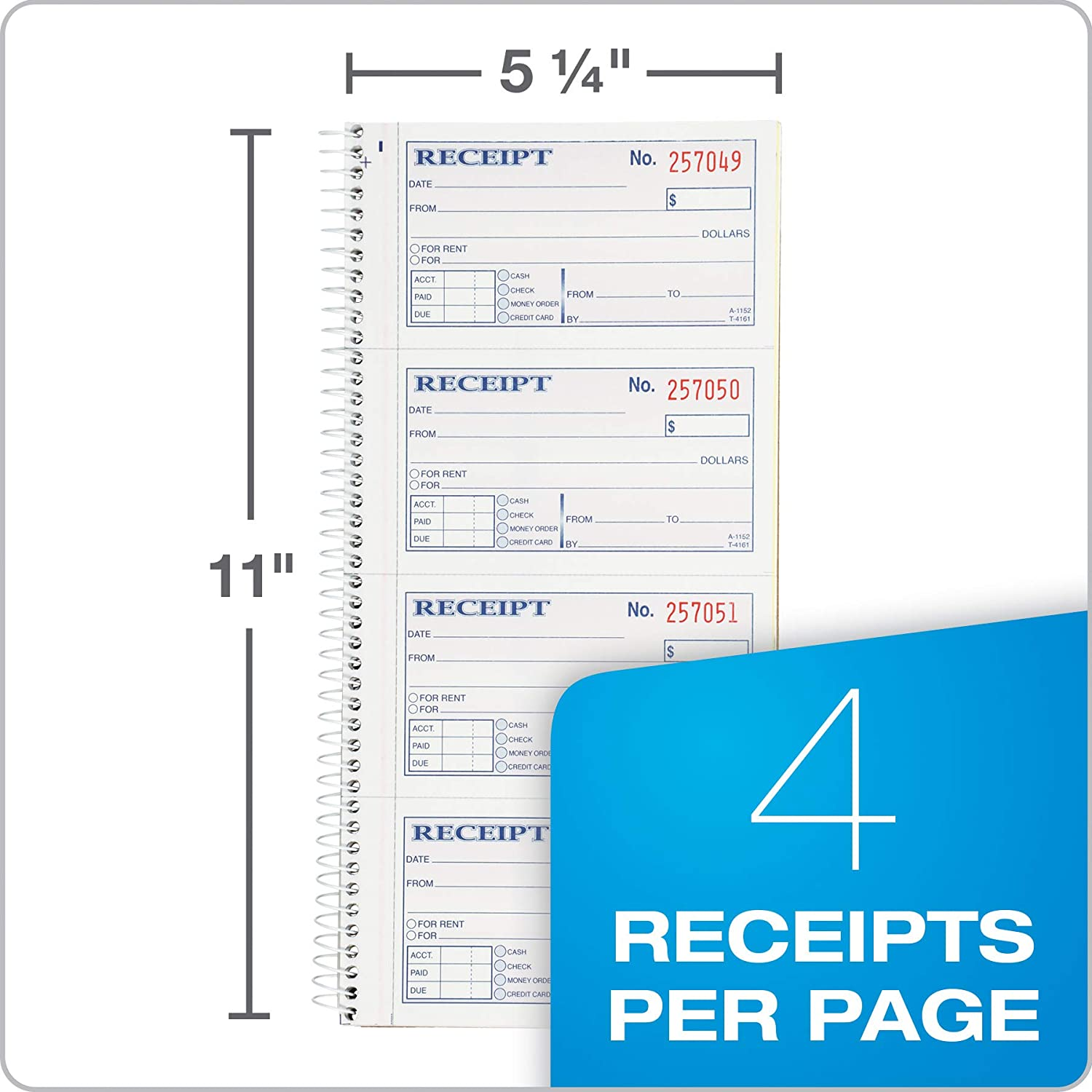 Adams Money and Rent Receipt Book, 2-Part Carbonless, 5 1/4 X 11 Inch Detached, Spiral Bound, 200 Sets per Book (SC1152) image number 1