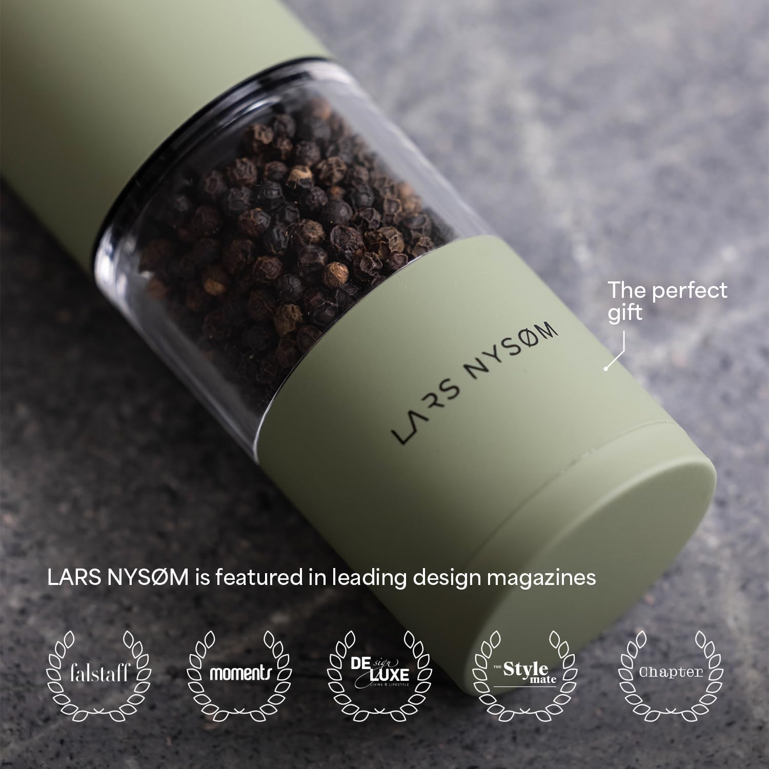 LARS NYS&Oslash;M Salt and Pepper Grinder Set, Manual Salt and Pepper Mills with Adjustable Ceramic Grinder, Design Spice Shaker Set (Carbon Black) - Almond Beige image number 5