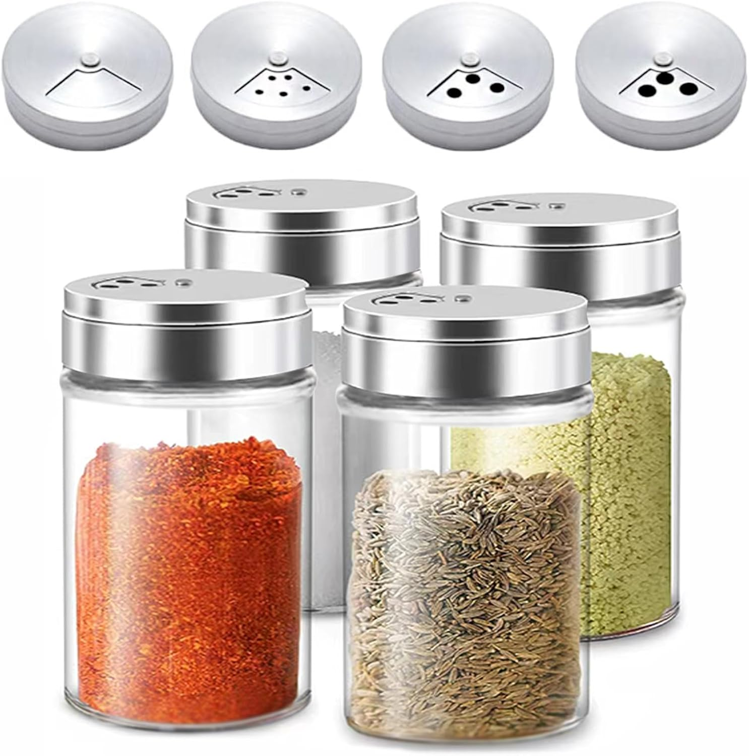 4Pcs Salt and Pepper Shakers Set, Salt Shaker and Pepper Shaker with Adjustable Pour Holes, Pepper and Salt Container with Stainless Steel Lid,Glass Salt and Pepper Shakers,Spice Shaker for Kitchen image number 3