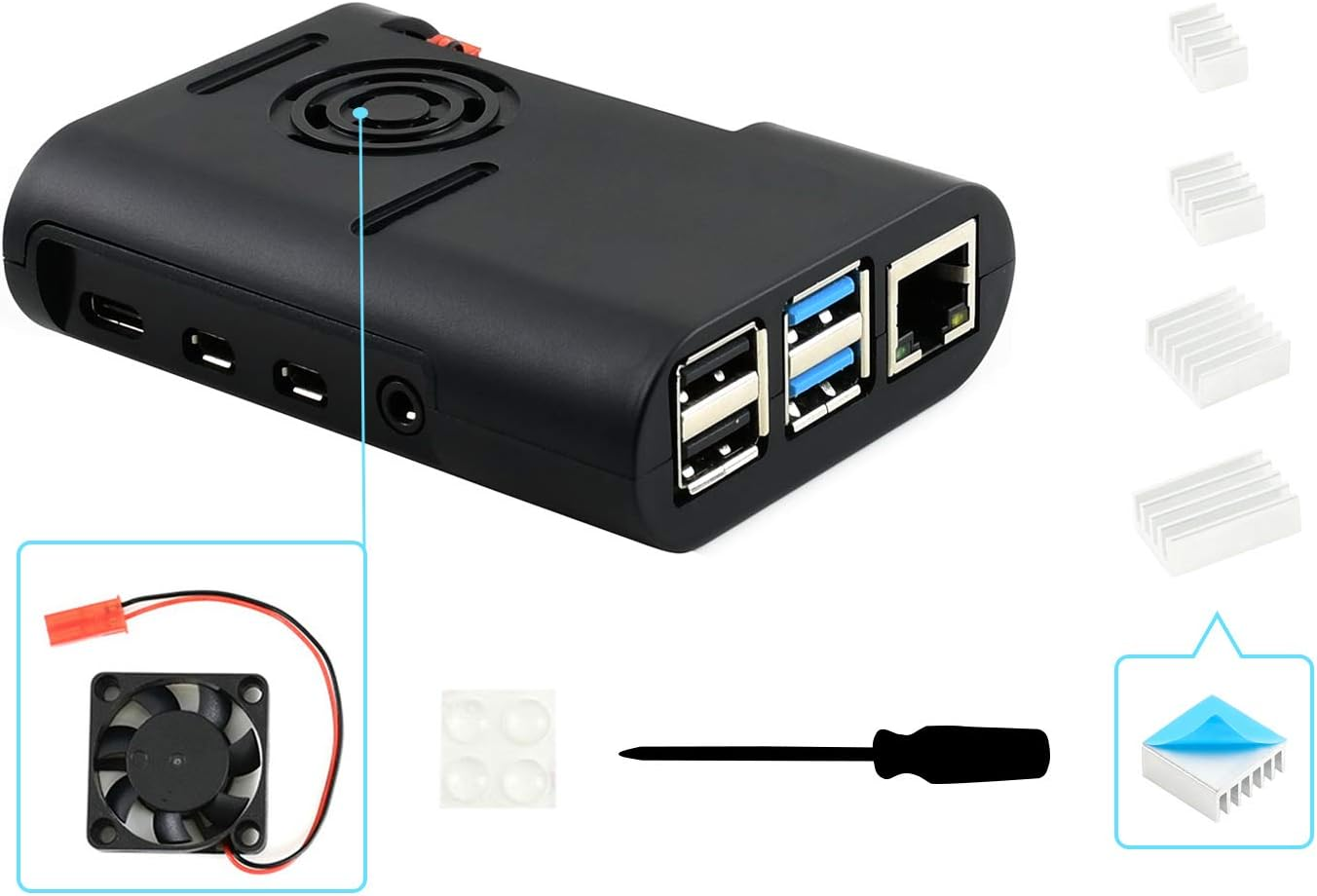 Waveshare Black ABS Case Type D for Raspberry Pi 4 with Cooling Fan/Heat Sinks/Rubber Feet and Screwdriver image number 5