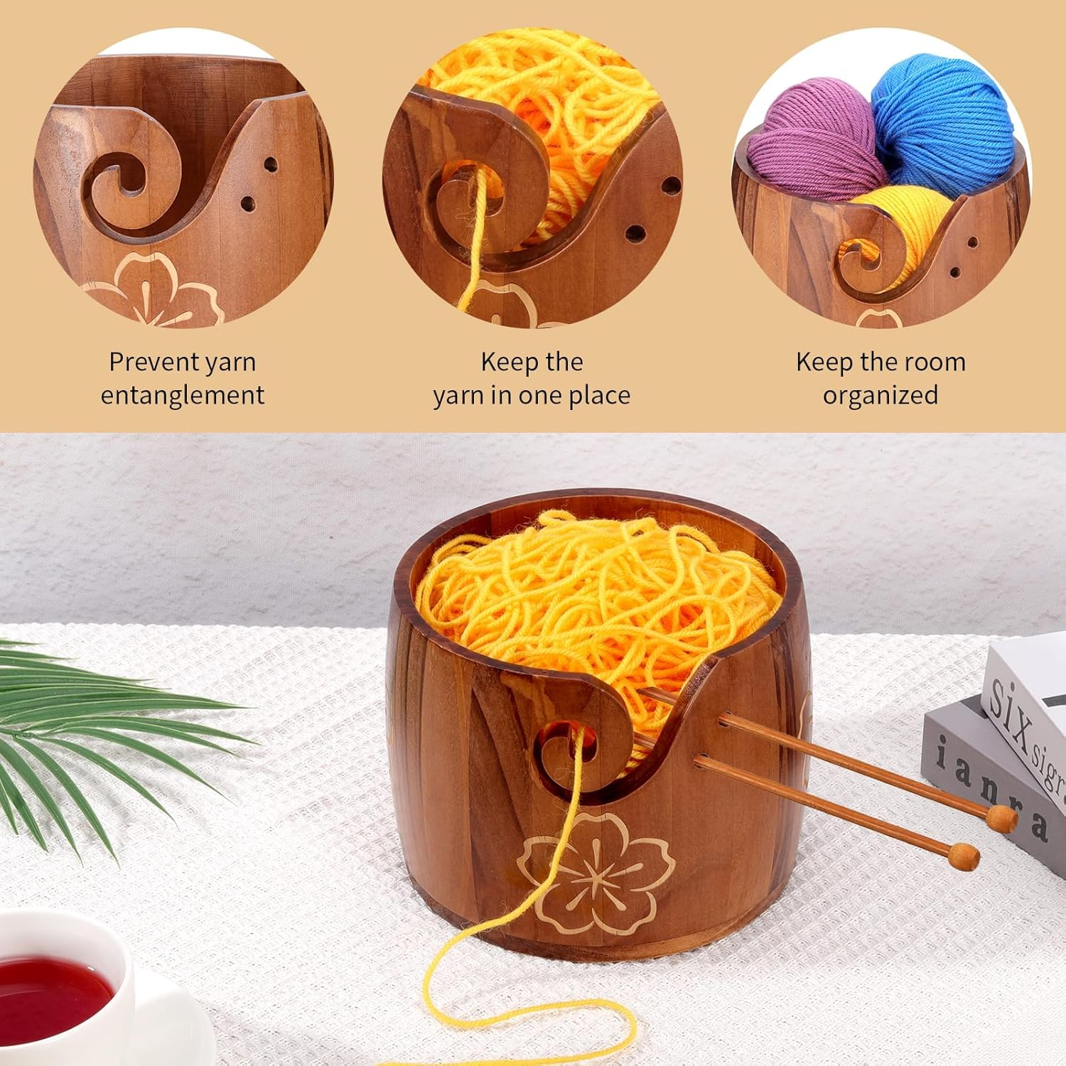 Yarn Bowl Large Size 5''X7'' Pine Wood Unique Design Crochet Bowl for Yarn Holder Knitting Crochet Macrame Craft Supplies, Gift for Knitting Lovers image number 3