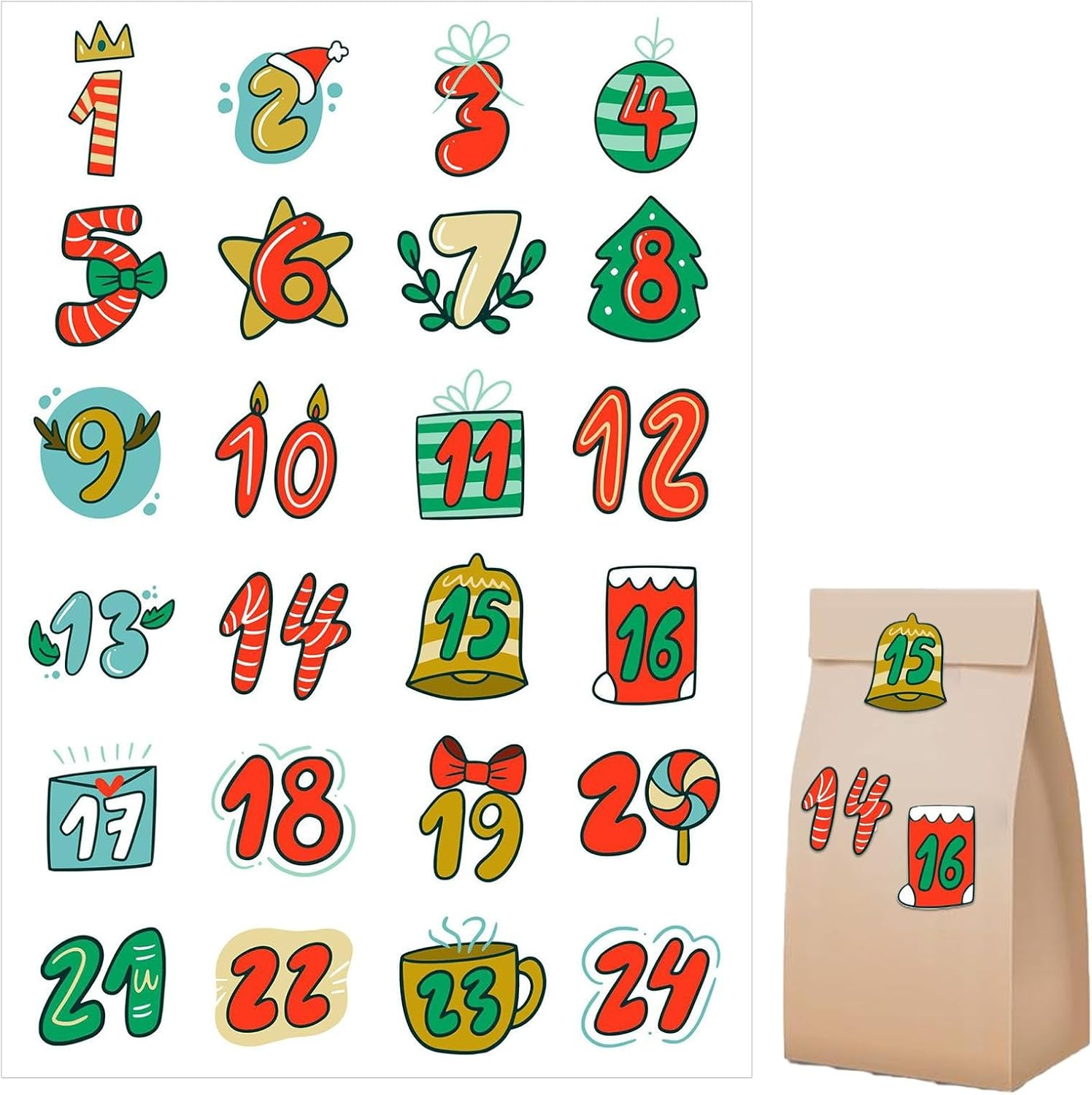 Christmas Number Stickers, 1-24 Numbers Decorative Greeting Card Decals, Countdown Festival Card Sealing Labels for Holiday image number 3