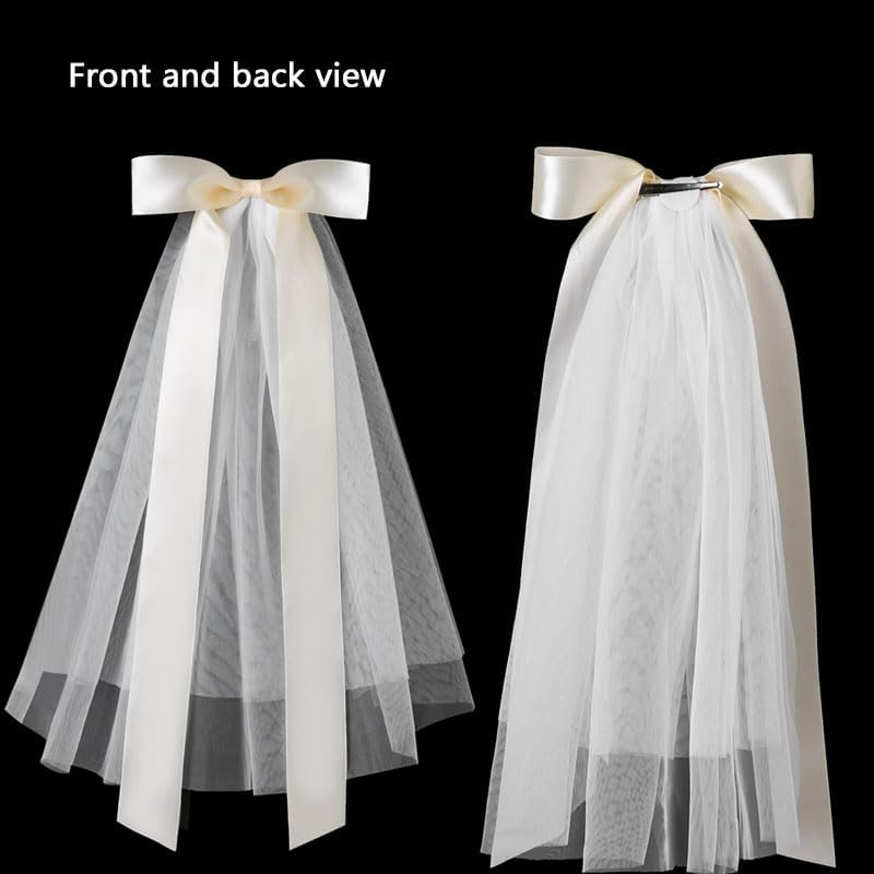 WADY Bridal Wedding Veil Hair Bows White Lace Ribbon Hair Clip Long Tail,Wedding Bow Veil White Pearl Hair Clip Tulle Bridal Hair Bow with Clip Bachelorette Party Accessories for Women and Girls image number 4