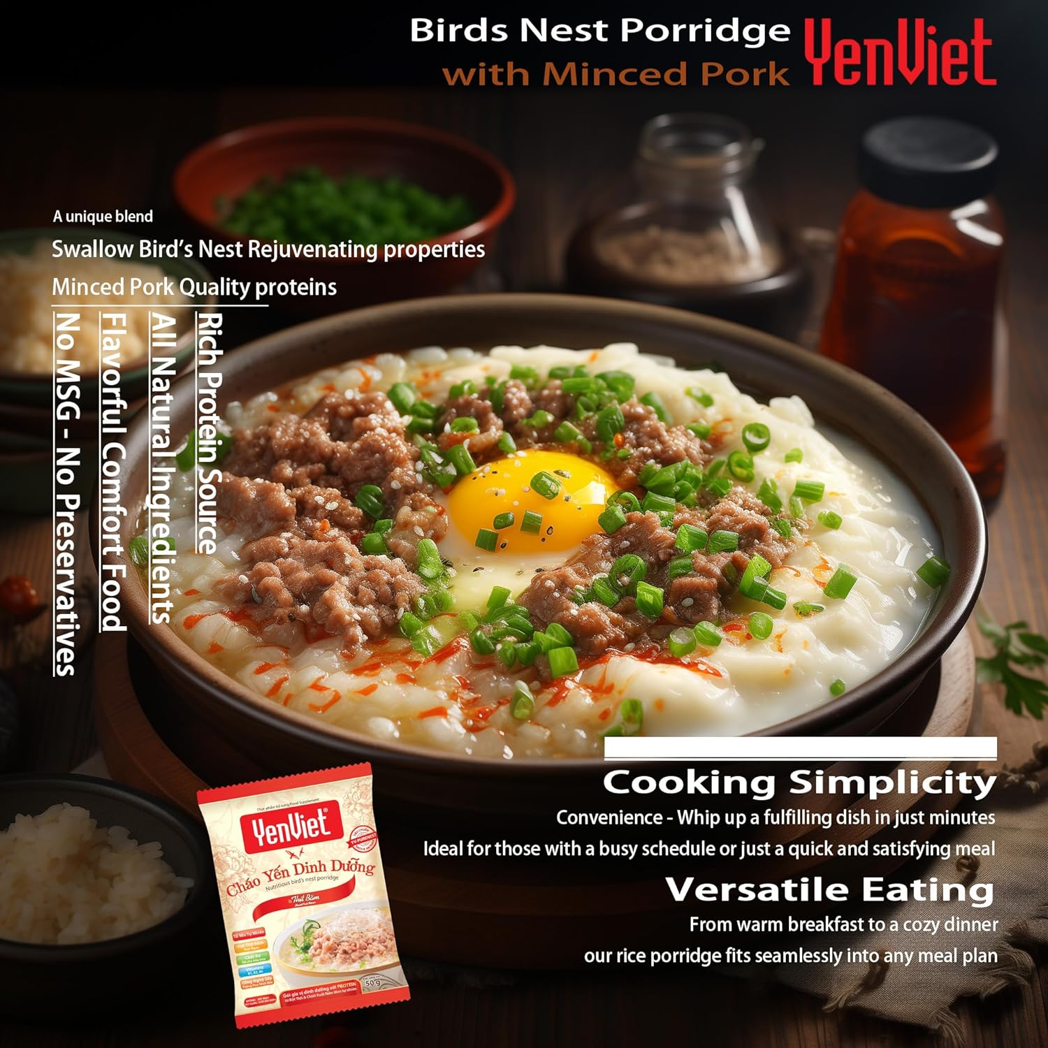 Nutritious Swallow Nest Instant Porridge with Minced Pork by Yenviet (30 Packs Carton) - Quick Healthy Instant Congee, High in Protein, Fresh and Natural Ingredients, Convenient Easy to Prepare image number 3