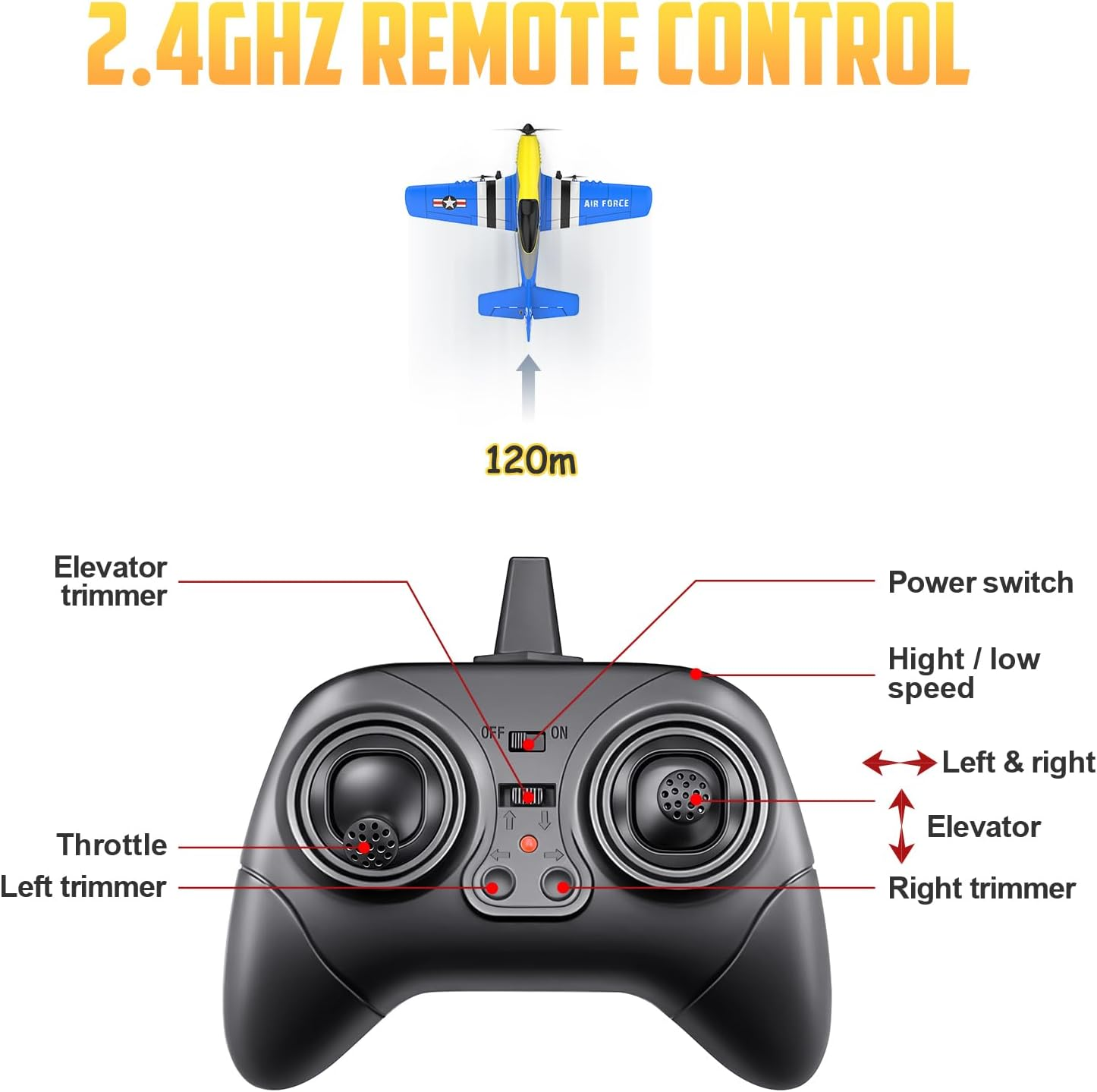 HAWK'S WORK 3 Channel RC Plane P-51D Mustang, Remote Control Airplane Ready to Fly, 2.4Ghz 6-Axis Gyro Stabilizer, Easy to Fly for Kids & Beginners - 3Ch-Blue image number 6