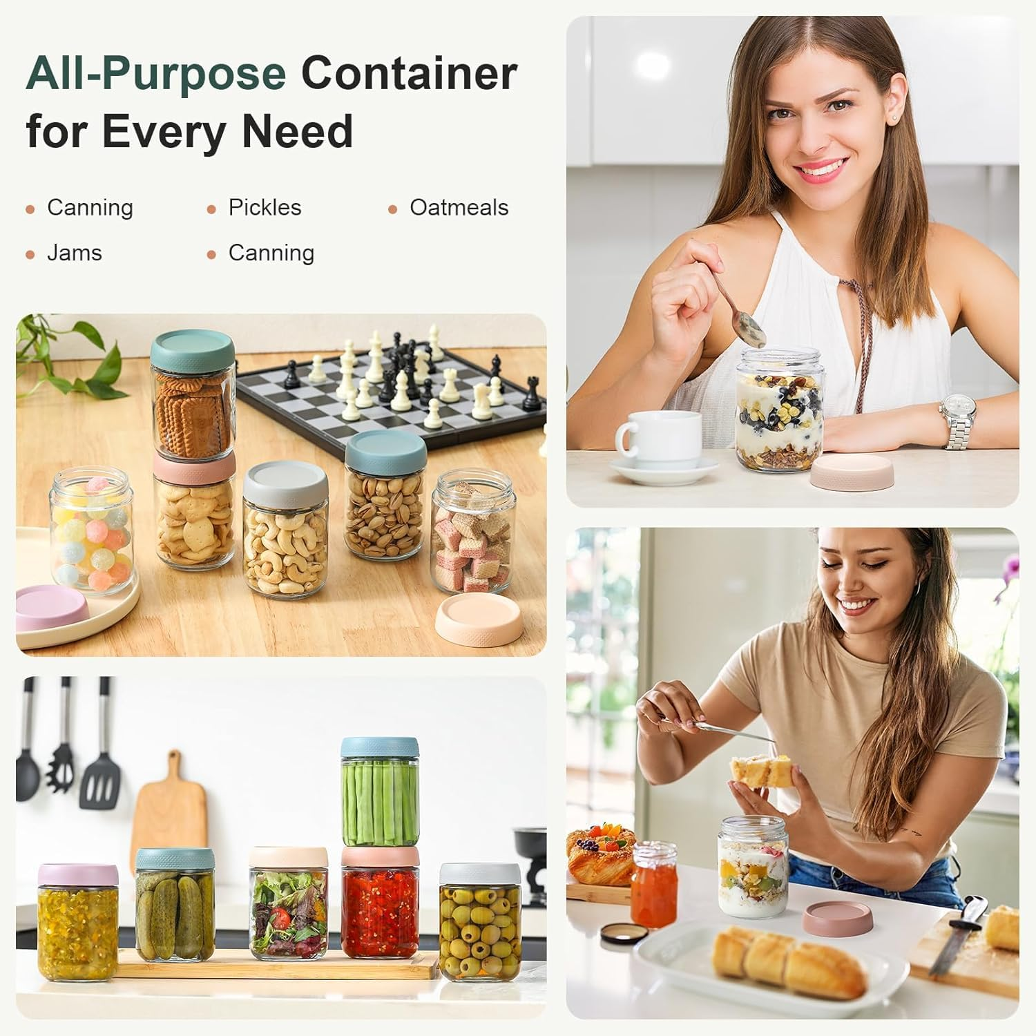 6-Pack Overnight Oats Containers with Lids, 12Oz Mason Jars with Lid for Cereal with Measurement Marks, Glass Airtight Oatmeal Container on the Go Container image number 2