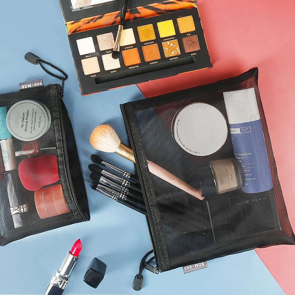 6 Pack Mesh Cosmetic Bags, Nylon Makeup Pouches with Zipper for Home Office Purse Diaper Bag (Black)