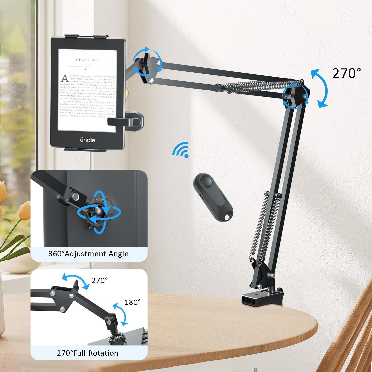 Tablet Holder for Kindle Reading in Bed with Remote Page Turner, Easy Adjust Hands Free Lazy Arm Mount for Kindle Accessories, Gifts for Readers