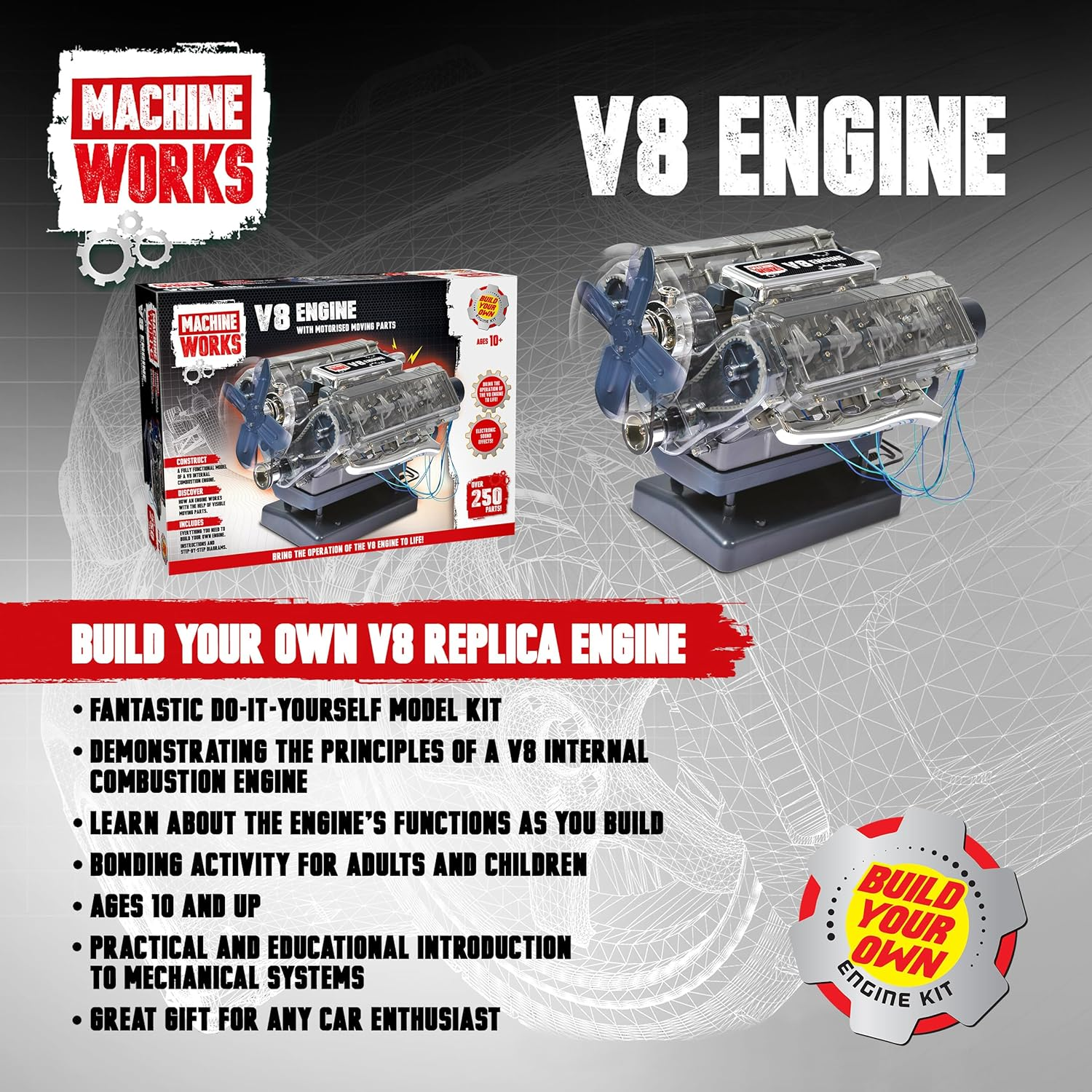 Machine Works V8 Engine Model Kit Build Your Own Motorized Engine with Moving Parts & Sound, STEM Educational Toy for Kids Age 10+ image number 3
