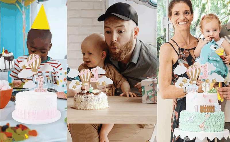 12 Pack Hot Air Balloon Cake Topper with White Cloud Little Stars for Boys First Birthday Party Decorations (Pink)