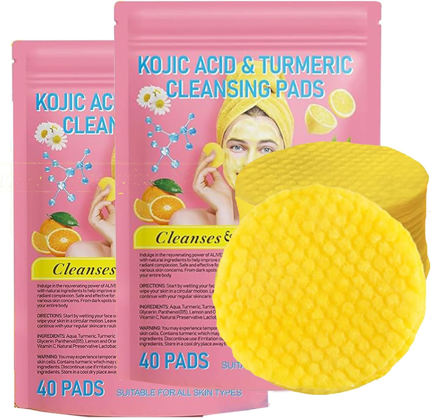 Turmeric and Kojic Acid Pads for Face,80 Pcs Kojic Acid and Turmeric Cleansing Pad for Dark Spots,Exfoliating Facial Sponges for All Skin Types image number 6