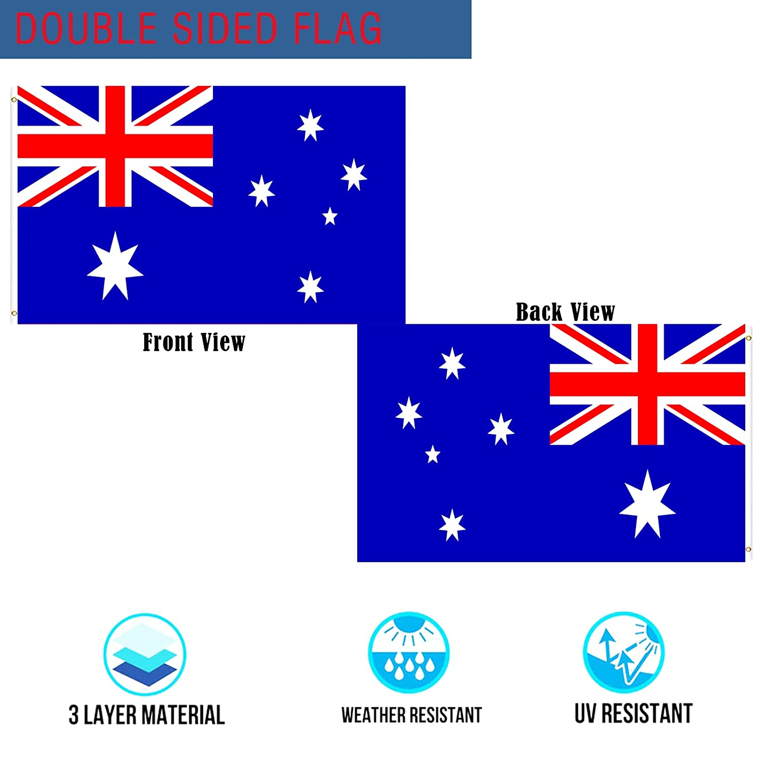 Australian Flag 3X5 Outdoor Double Sided- Heavy Duty 3Ply Australian National Flags Super Durable Flags 4 Rows Stitched Edge Canvas Header with 2 Brass Grommets image number 4
