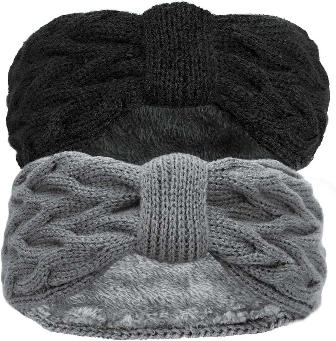 Estefanlo Women'S Winter Headbands, Pack of 2, Knitted Lined with Fleece, Ear Warmers, Headband, Hair Band, Thick for Women and Girls (Black + Grey) image number 5