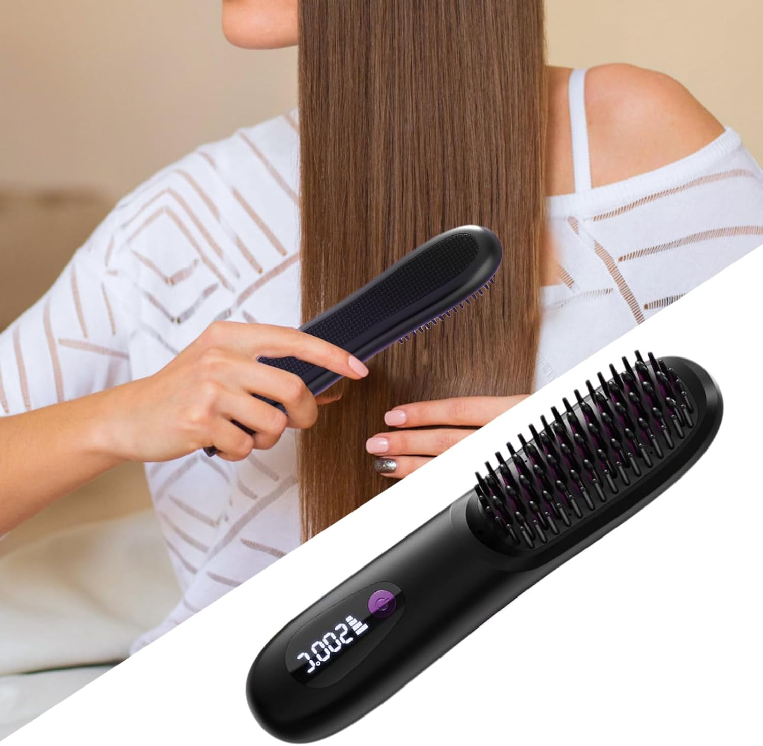 Straightening Brush, Ionic Hot Straightener Brush, Portable Grooming Straightening Tools with 3-Temperature for Salon Travel Home Morning Routine Trip image number 3