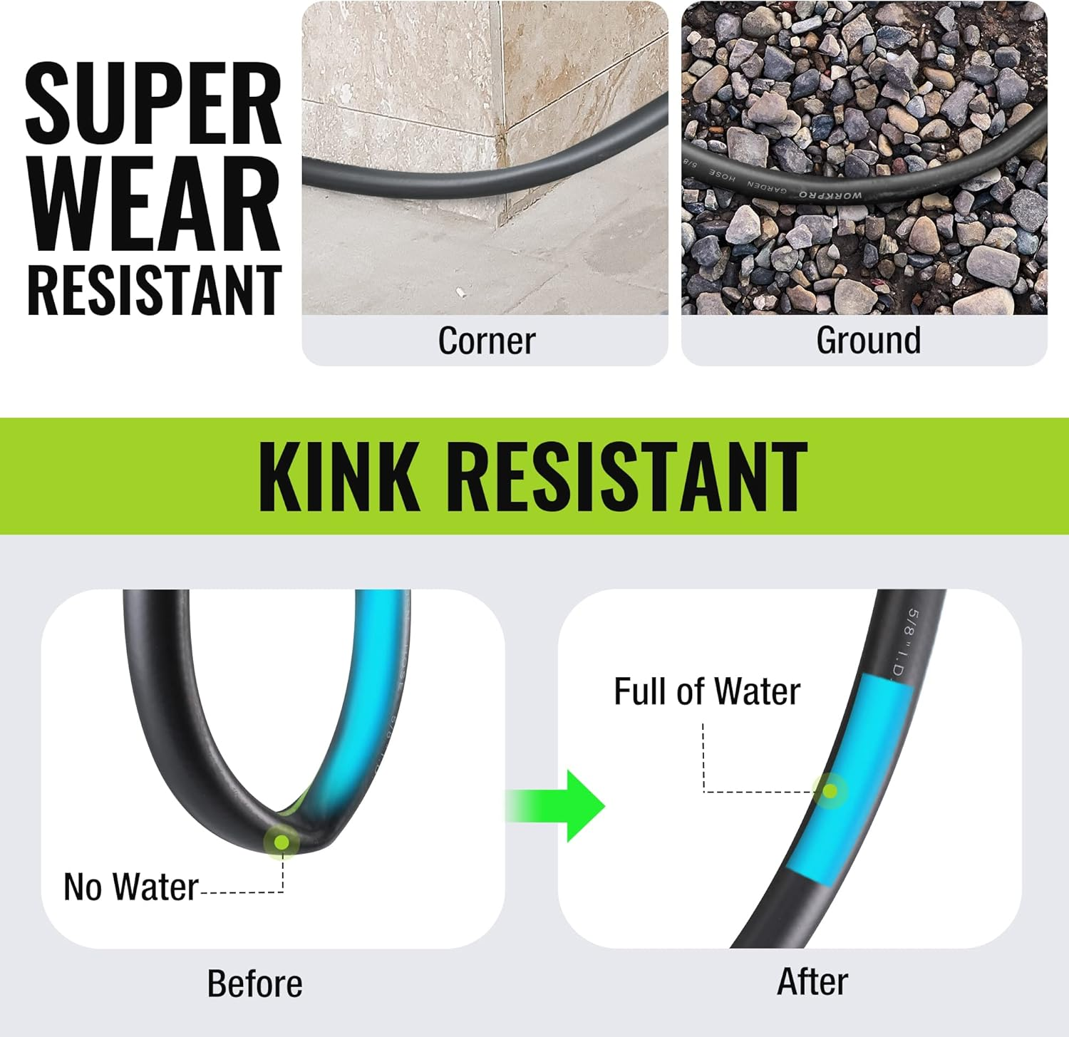 WORKPRO 5/8 in X 50 FT Garden Hose, Heavy Duty, Flexible, Lightweight Water Hose with 360&deg; Bi-Material Rotation Handle, 3/4" GHT Solid Brass Fittings, for Outdoor, Lawn, Garden & Yard, Car Wash image number 6