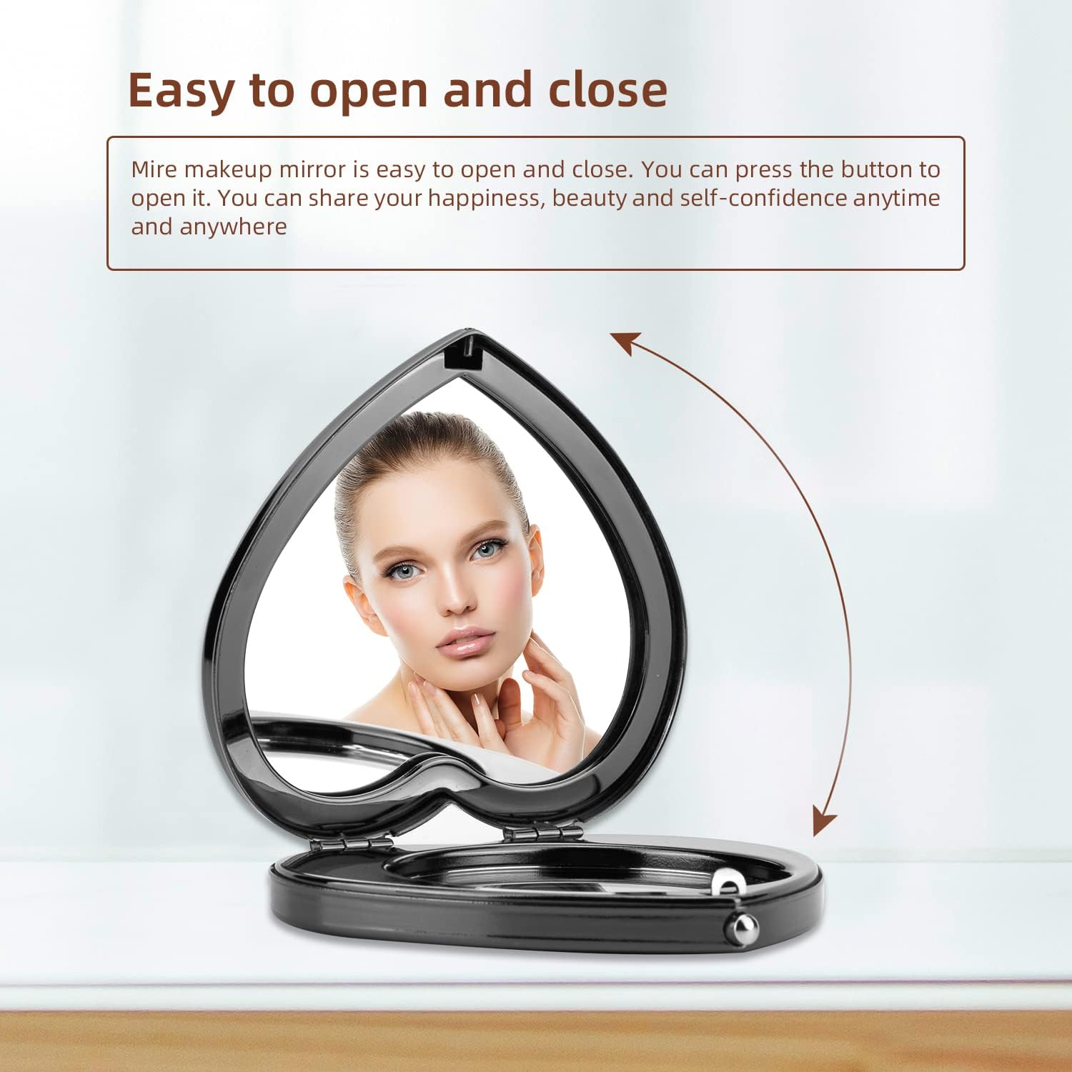 Mini Vintage Heart Elegant Makeup Mirror, Portable 1X/2X Magnifier (Black) image number 2
