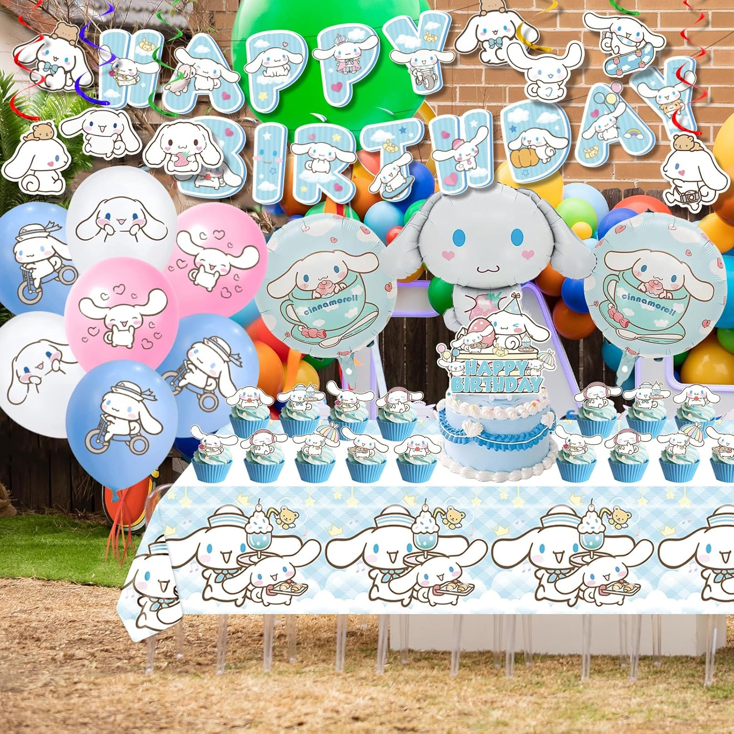 AVONO Cinnamoroll Birthday Decorations, Party Supplies Set Include Banner, Balloons, Hanging Swirls, Cake Cupcake Toppers, Tablecloth for Kids Cinnamoroll Theme Party image number 3