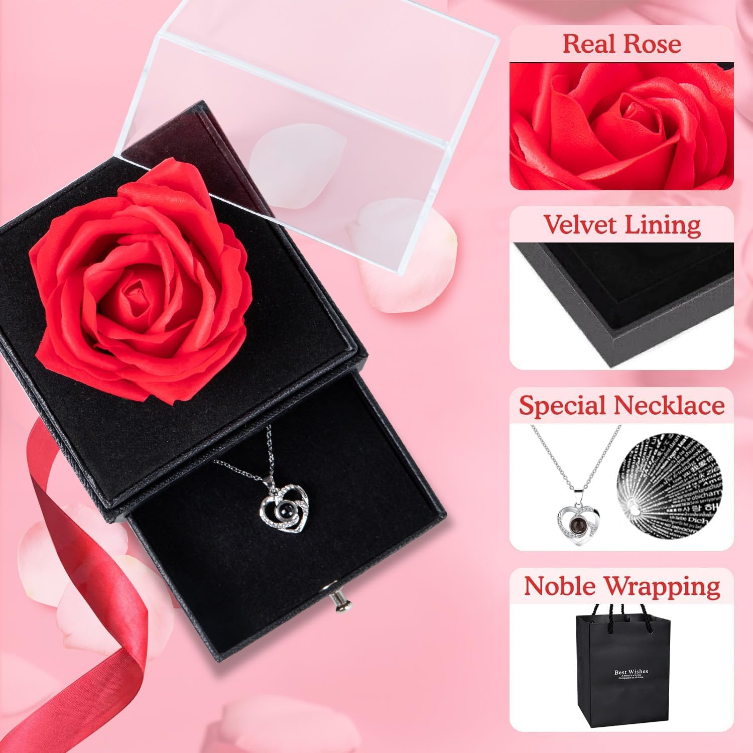 Preserved Red Real Rose with I Love You Necklace -Eternal Flowers Rose Gifts for Mom Wife Girlfriend Her on Anniversary Mothers Day Valentines Day Christmas Birthday Gifts for Women image number 3