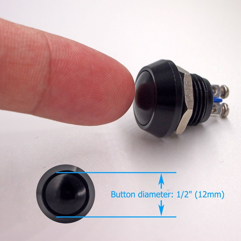 URTONE Momentary Push Button Switch, UR123, 1NO SPST DC/AC 36V 2A Aluminum Alloy Metal Shell Suitable for 12Mm 1/2" Mounting Hole - Black image number 2