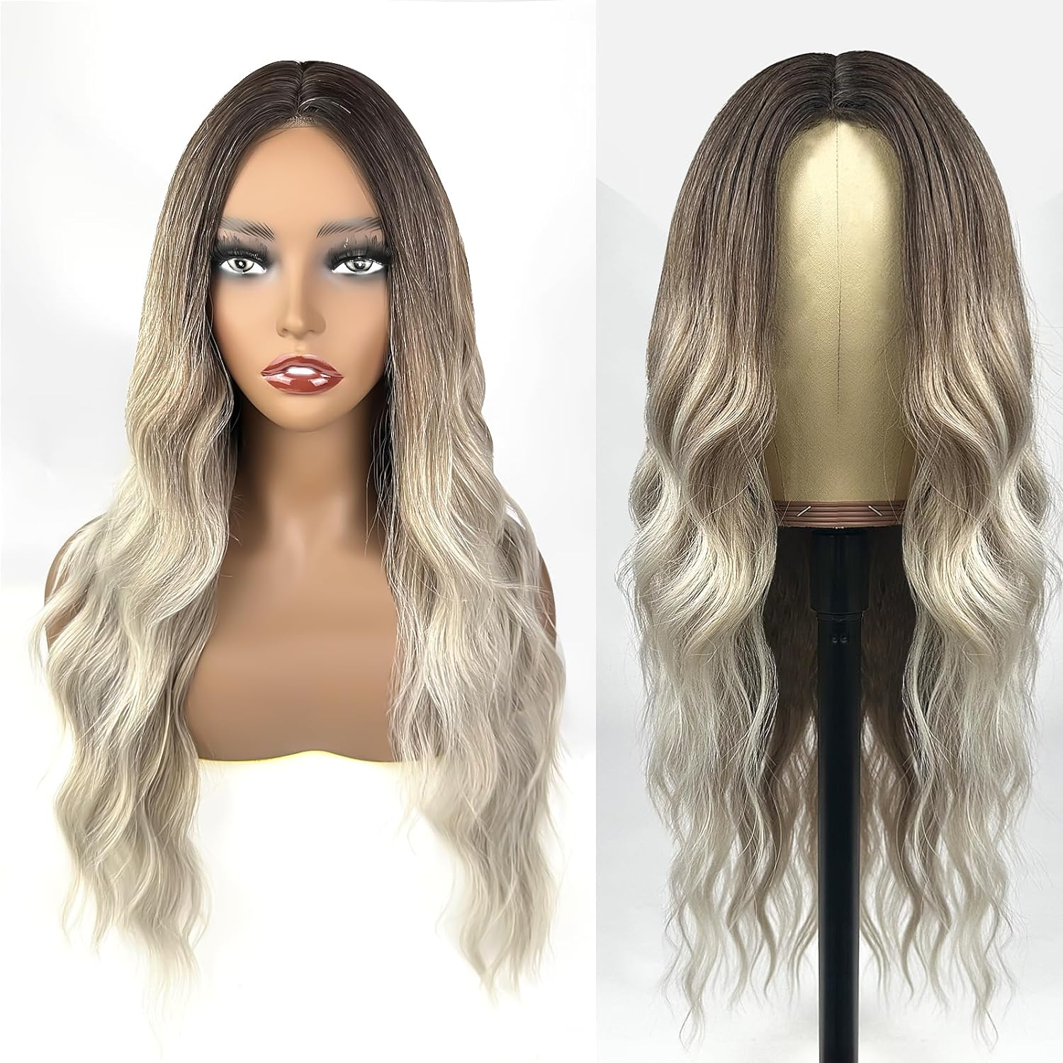 Ombre Brown to Blonde 4/1 U-Part Lace Front Wig for Women Synthetic Hair Long Wavy Wigs for Daily Party Cosplay-24 Inches image number 2