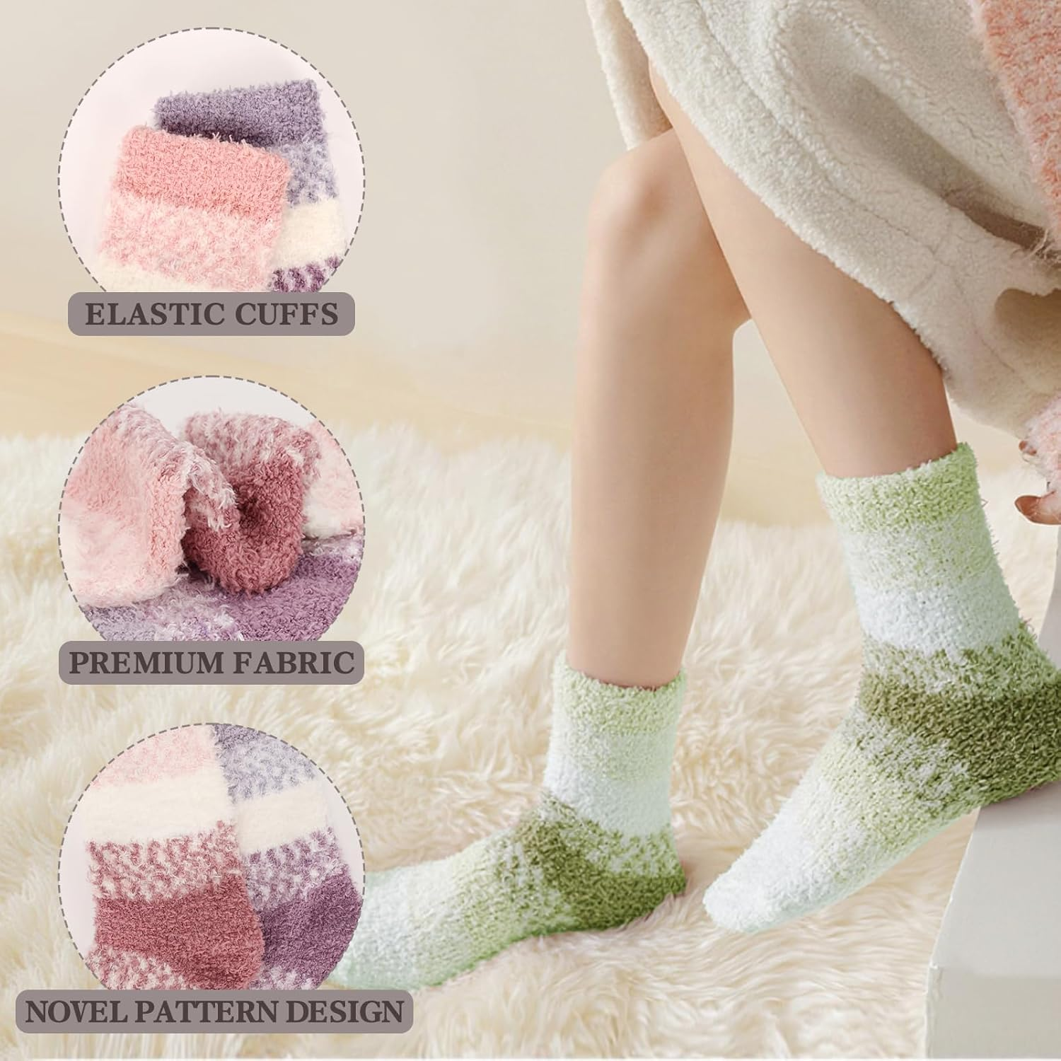 3 Pairs Women'S Fluffy Fuzzy Winter Warm Socks Soft Cozy Plush Slipper Socks for Cold Weather - Green+Pink+Purple image number 3