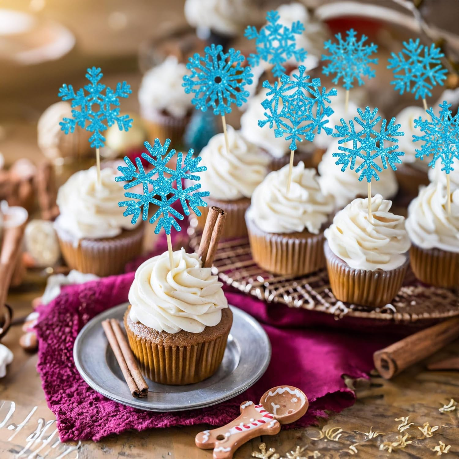 Gyufise 30Pcs Snowflake Cupcake Toppers Blue Glitter Winter Frozen Cupcake Picks Winter Wonderland Cake Decorations for Snowflake Winter Christmas Kids Birthday Party Supplies image number 6