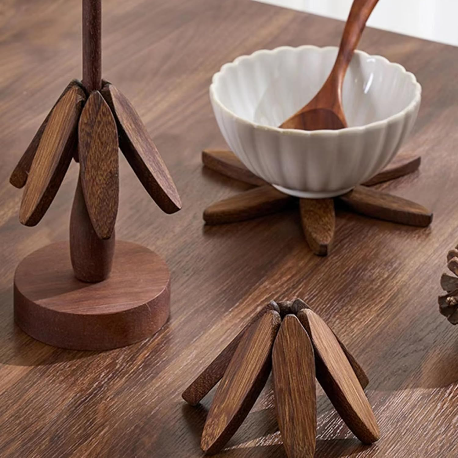 Incifuerza Beech Wood Trivets Set of 3 &ndash; Non-Slip Heat-Resistant Wooden Hot Pads with Stand for Pots and Pans (Walnut) image number 1