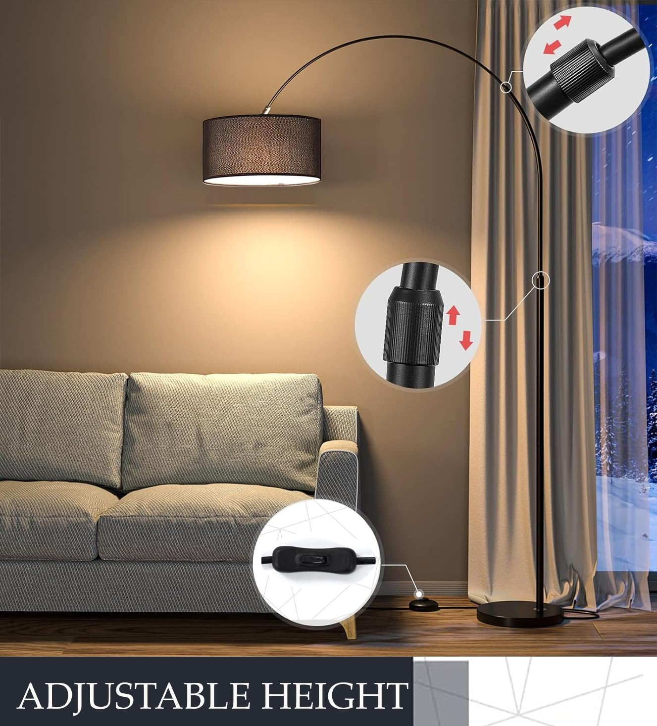 Standing Floor Lamp for Living Room Black Lampshade Adjustable, Floor Light, 12W LED Bulb İncluded, Home Decor Light