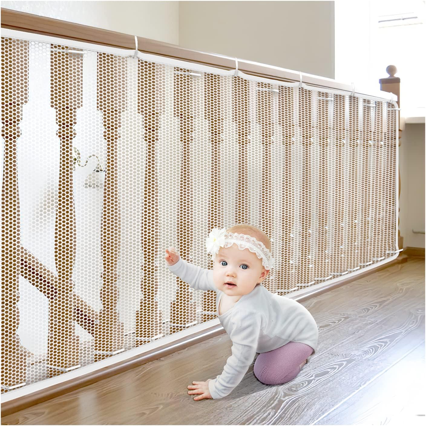 Stair Netting Child Safety Net, Baby Gate for Stairs with No Drilling, Stairway Net, 16.4 Ft L X 2.56 Ft H, Banister Guard, Balcony Banister Stair Net for Child, Small Pet,Toy- Indoor & Outdoor(Black)