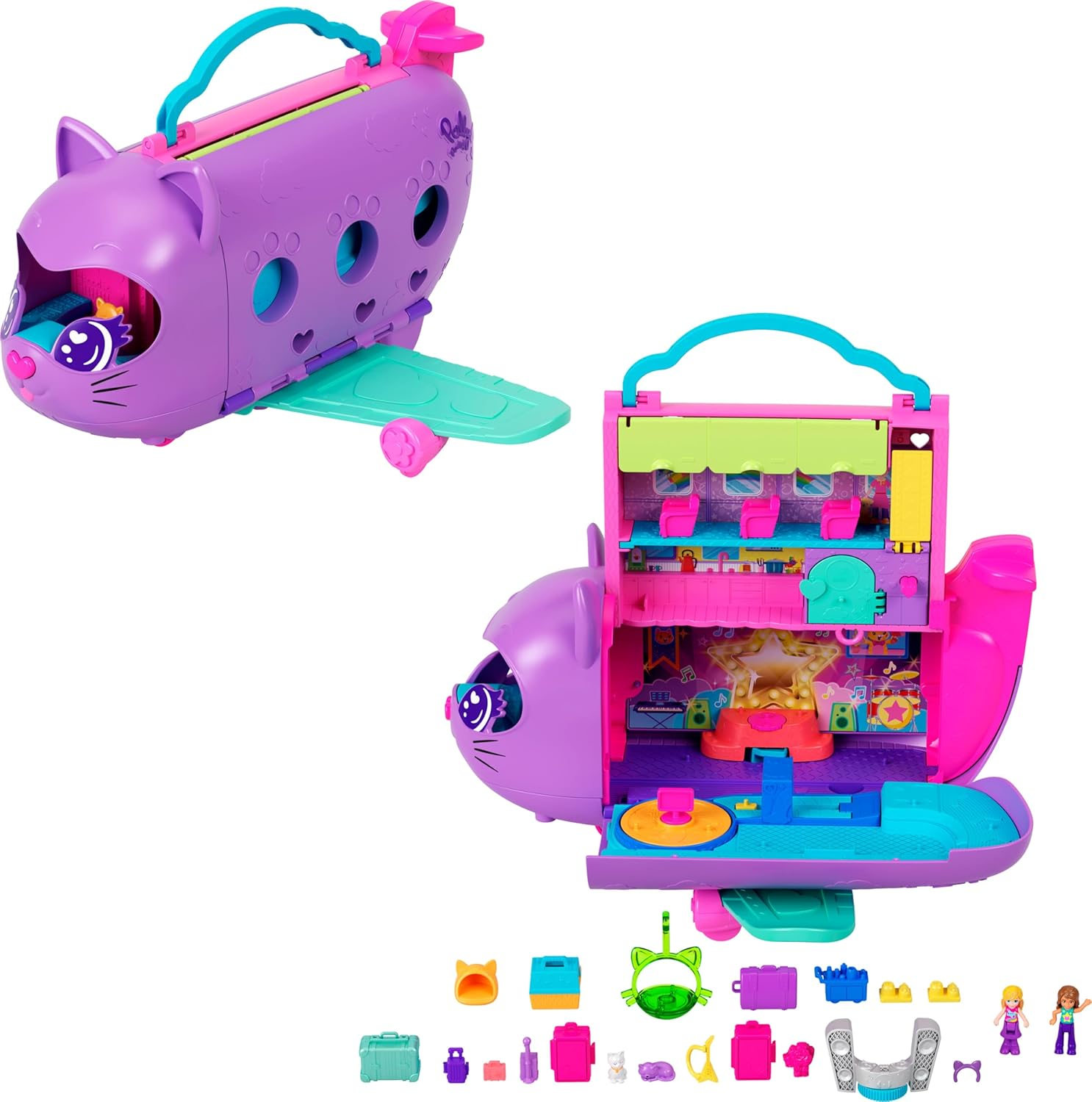 Polly Pocket Dolls and Playset, Kitty Airways Airplane, Travel Toy with 2 Micro Dolls and Pet, Spinning Stage and Accessories (Amazon Exclusive) image number 1