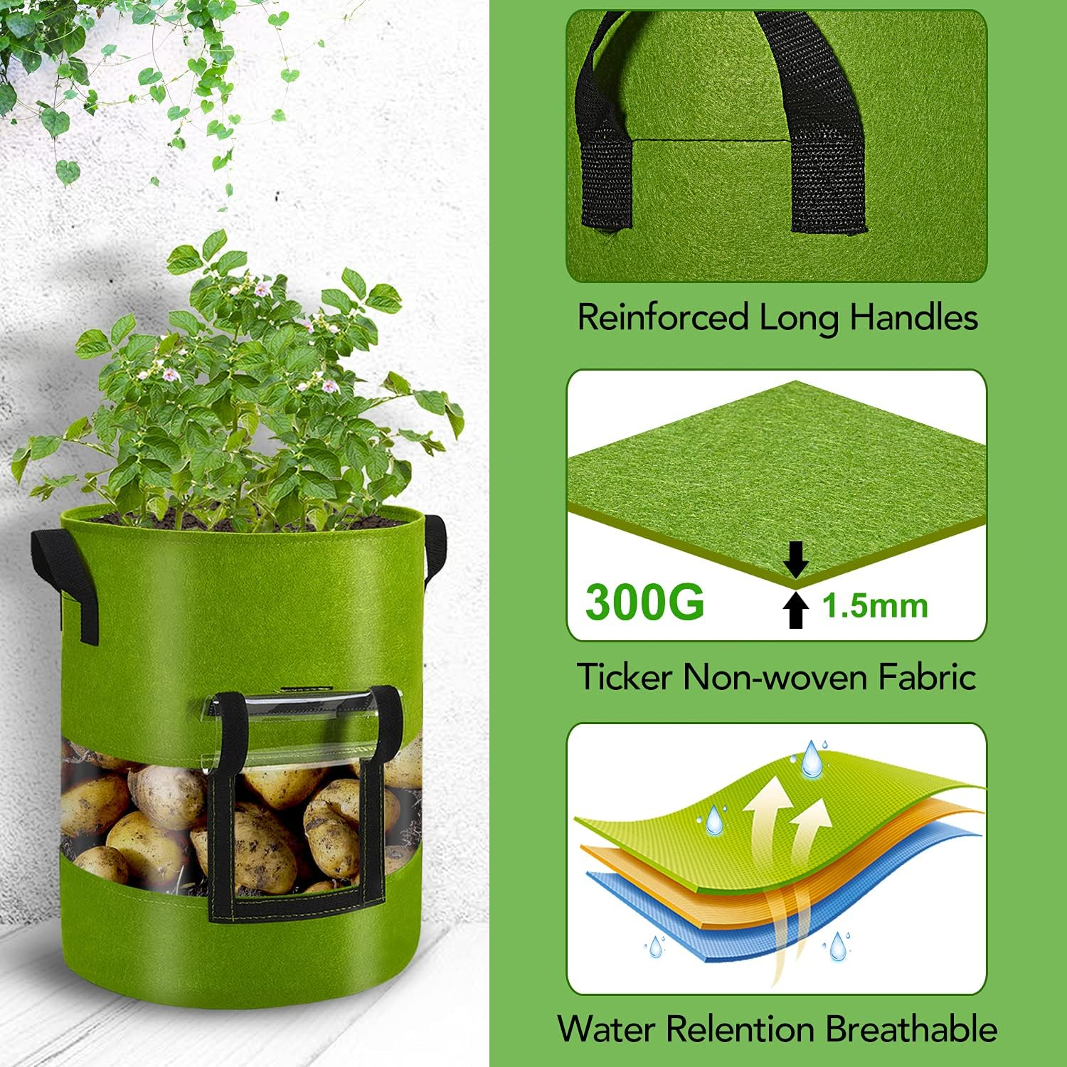 360 Degree Visible 3-Pacs10 Gallon Potato Grow Bags with Flap, Potatoes Growing Containers with Handles&Visible Space for Vegetables/Strawberry/Sweet Potato Used Outdoor and Indoor image number 5