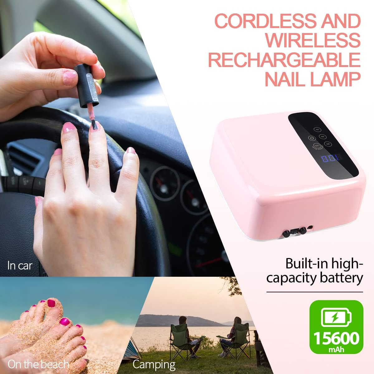 BETE Cordless LED Nail Lamp - 72W Rechargeable, 36 Beads Gel UV LED Nail Dryer with 4 Timer Settings and LCD Display image number 5
