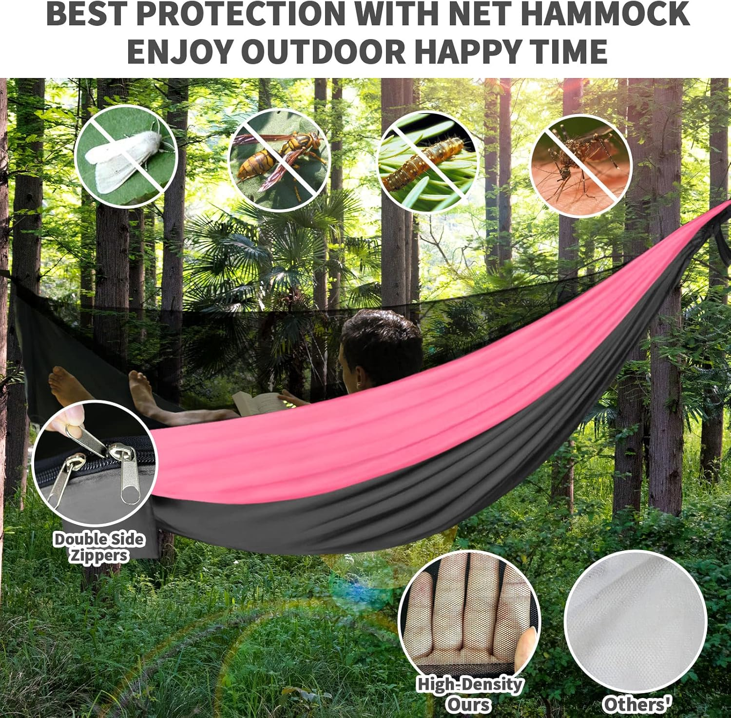 Camping Hammock Pink Grey Hammocks with Mosquito Net Tent and Rain Fly Tarp Portable Single & Double Nylon Parachute Hammock with Heavy Duty Tree Strap Outdoor Backpacking Survival Travel - Blue image number 2