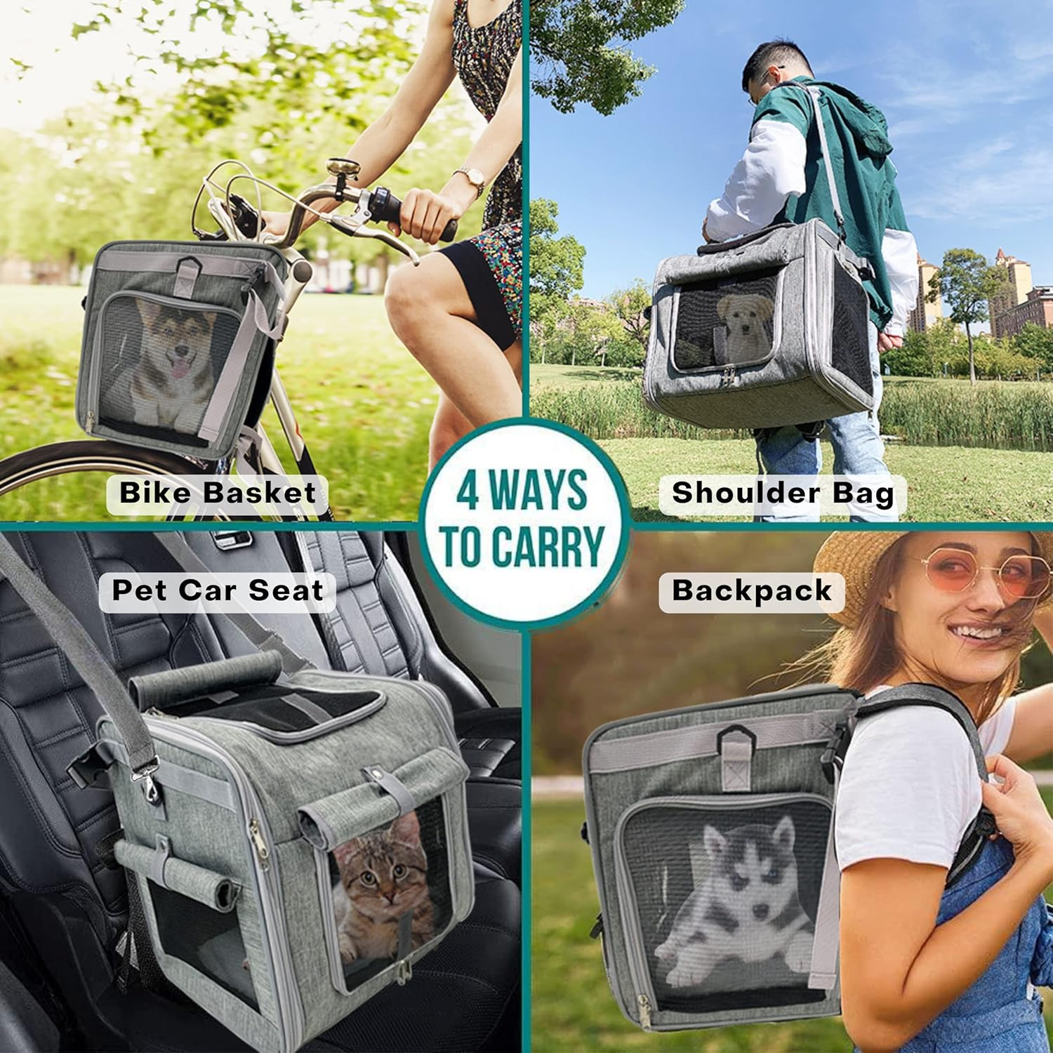 Dog Bike Basket, Expandable Soft-Sided Reflective Pet Carrier Backpack with 4 Open Doors, 4 Mesh Windows for Medium Small Dog Cat Puppies (Grey) image number 3