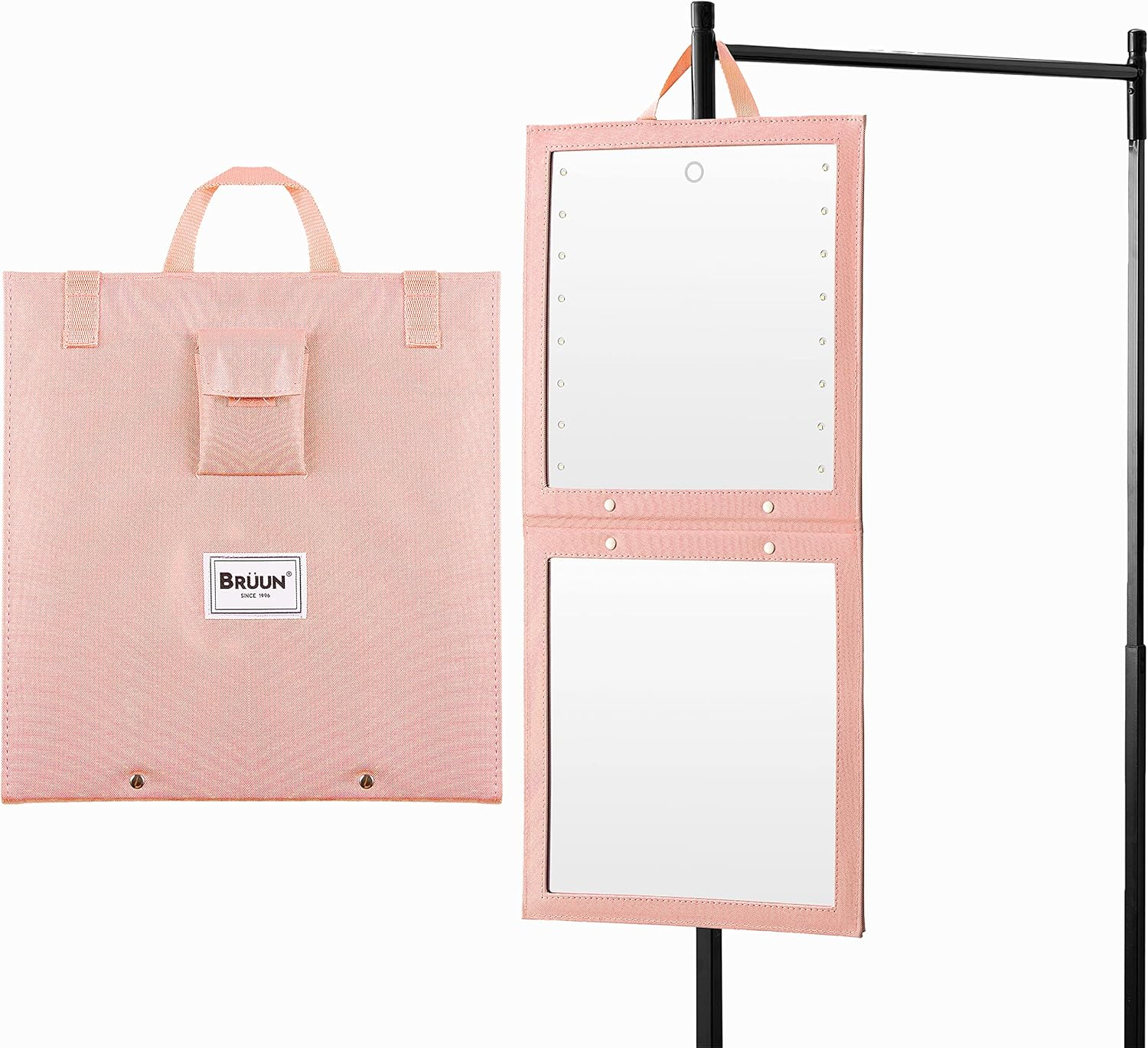 Bruun Hangable Mirror with Dimmable LED Lights for Luminous View &ndash; a Pink Foldable Backstage Mirror for Dancers, Artists and Aestheticians at Home, Spa or Events with Touch Sensitive Power Button image number 2