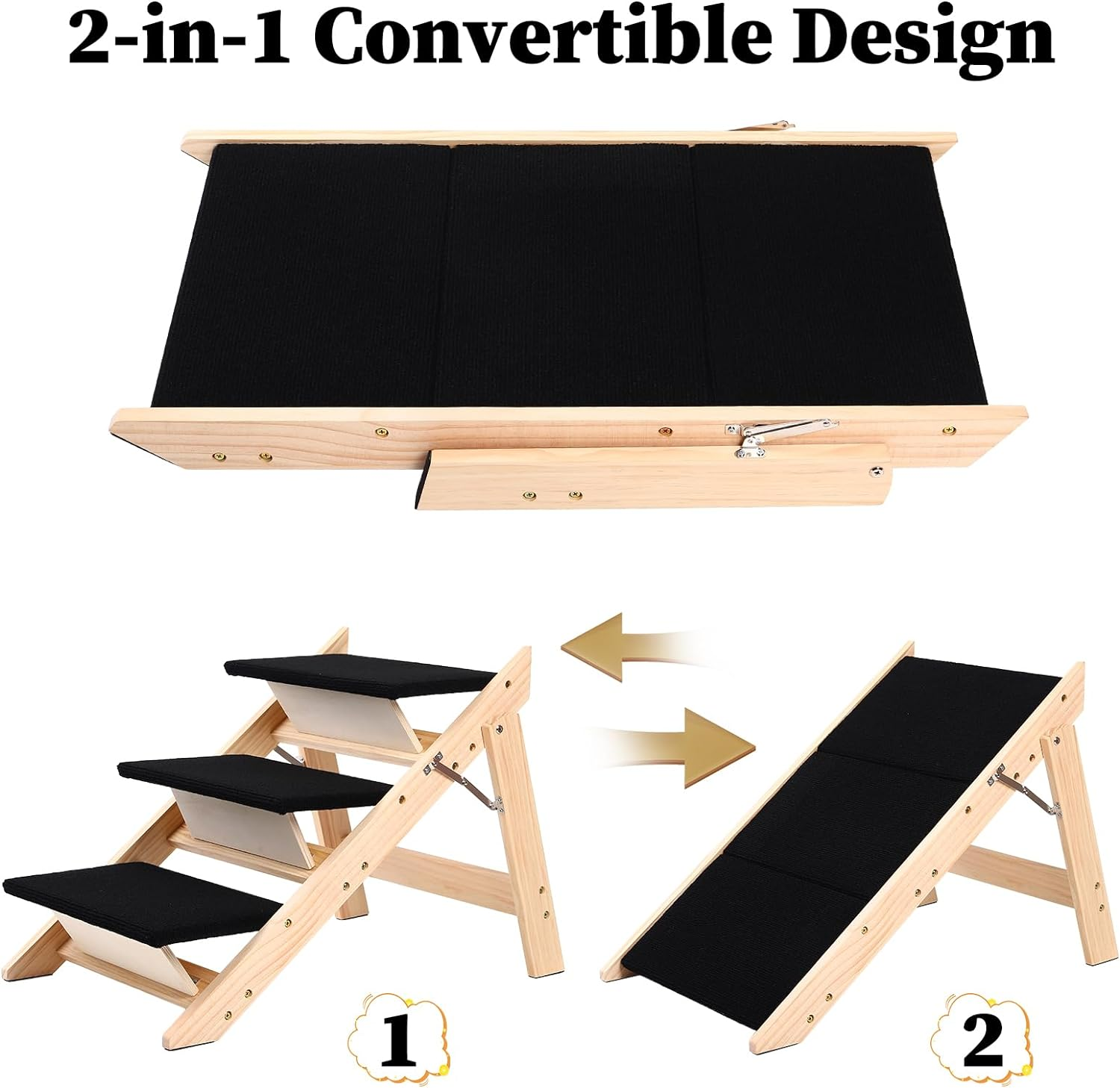 Pet Stairs/Steps, 2-In-1 Foldable Wood Dog Stairs with Non-Slip Pads for High Beds, Sofa, Couch, Car, Durable Portable Cat Ladder up to 150 Lbs, 3 Steps image number 5