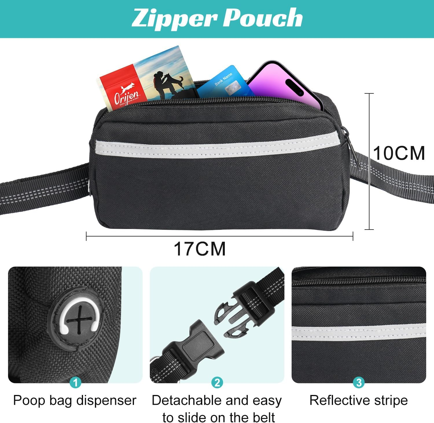 Hands Free Dog Running Leash with Zipper Pouch, Adjustable Waist Belt for Medium/Large Dogs, Dual-Handle Reflective Bungee, Secure Design for Running, Walking, Hiking, Black