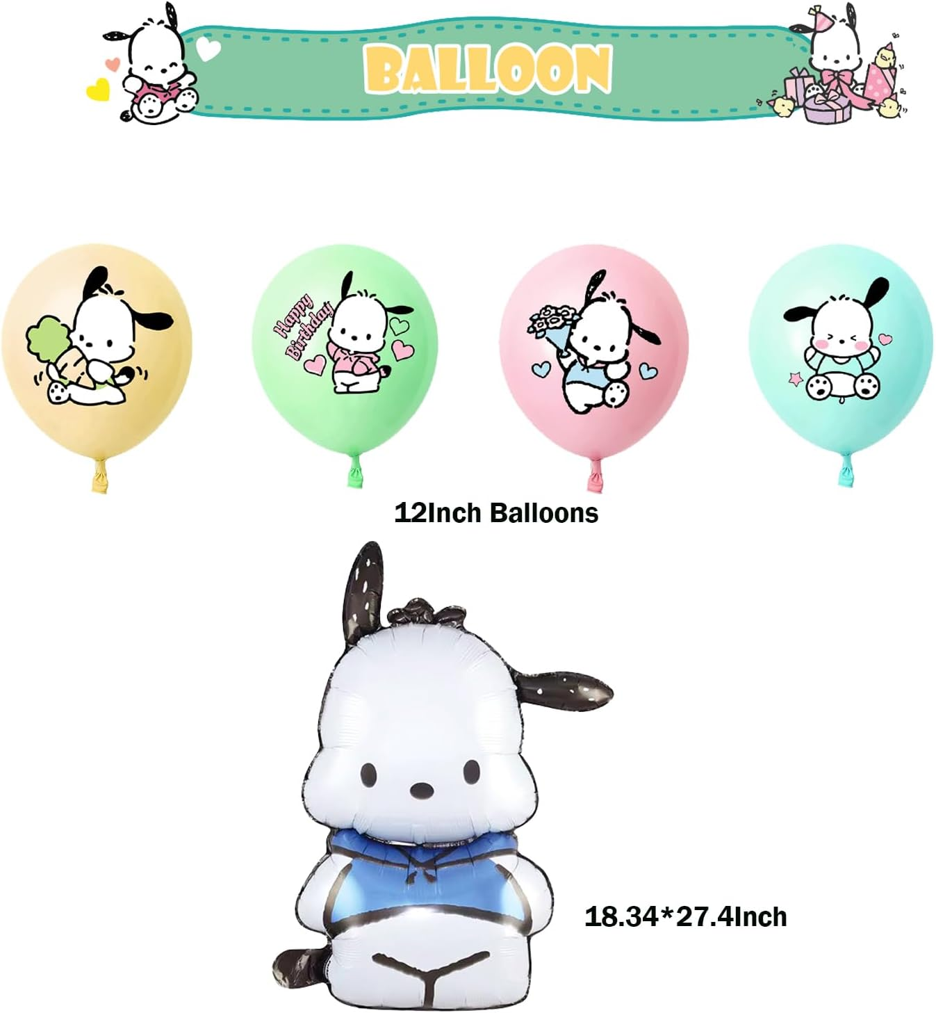 Pochacco Birthday Party Decorations, Kawaii Cartoon Party Supplies with Banner, Cupcake Cake Toppers and Foil Balloons Party Favors for Fans Birthday Background Decorations image number 4