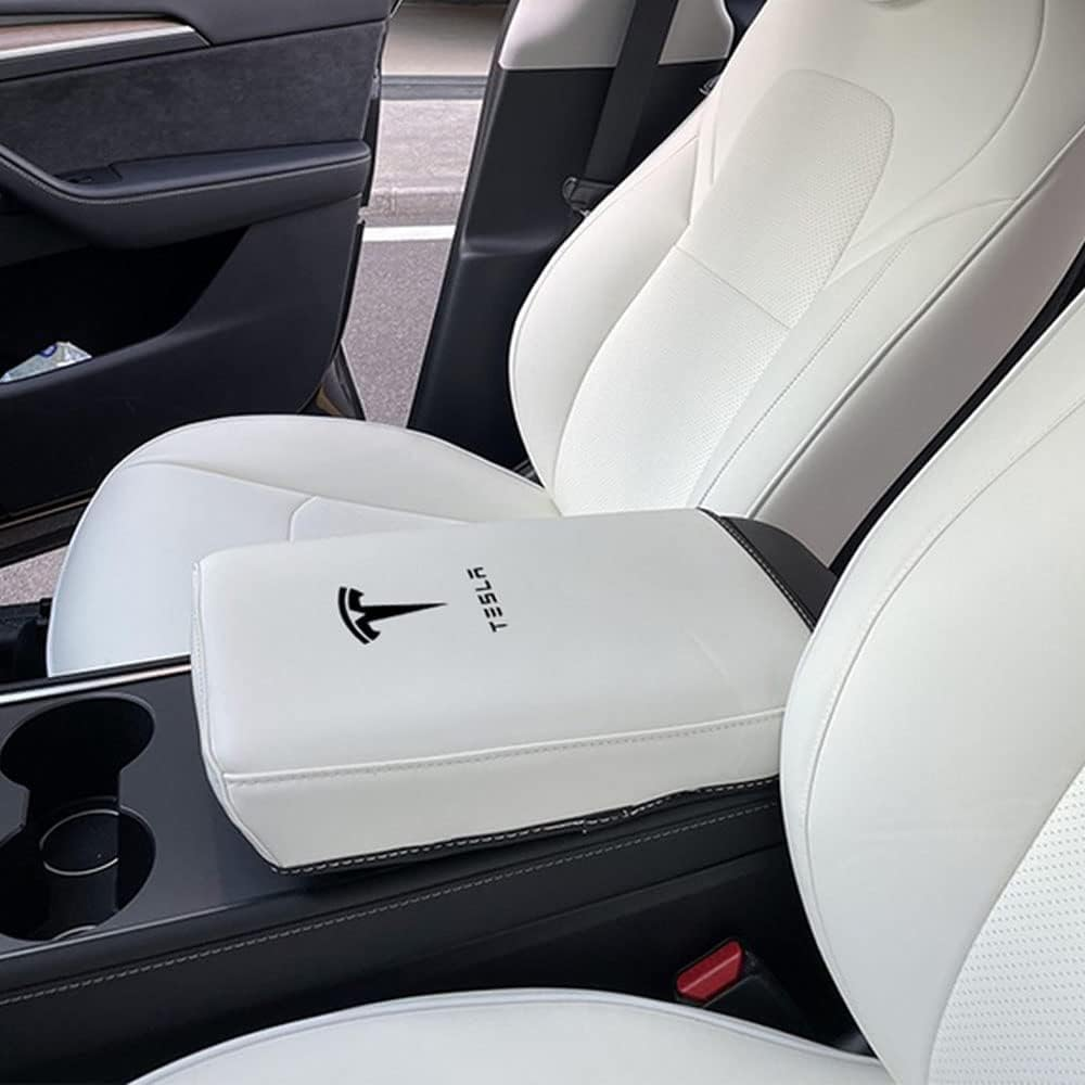 Armrest Cover Compatible for Tesla Model 3/Y Center Console Armrest Cover - Interior Accessories Leather Center Console Protector Pad for Model 3 2017-2024 or Model Y 2020-2024 (White) image number 1
