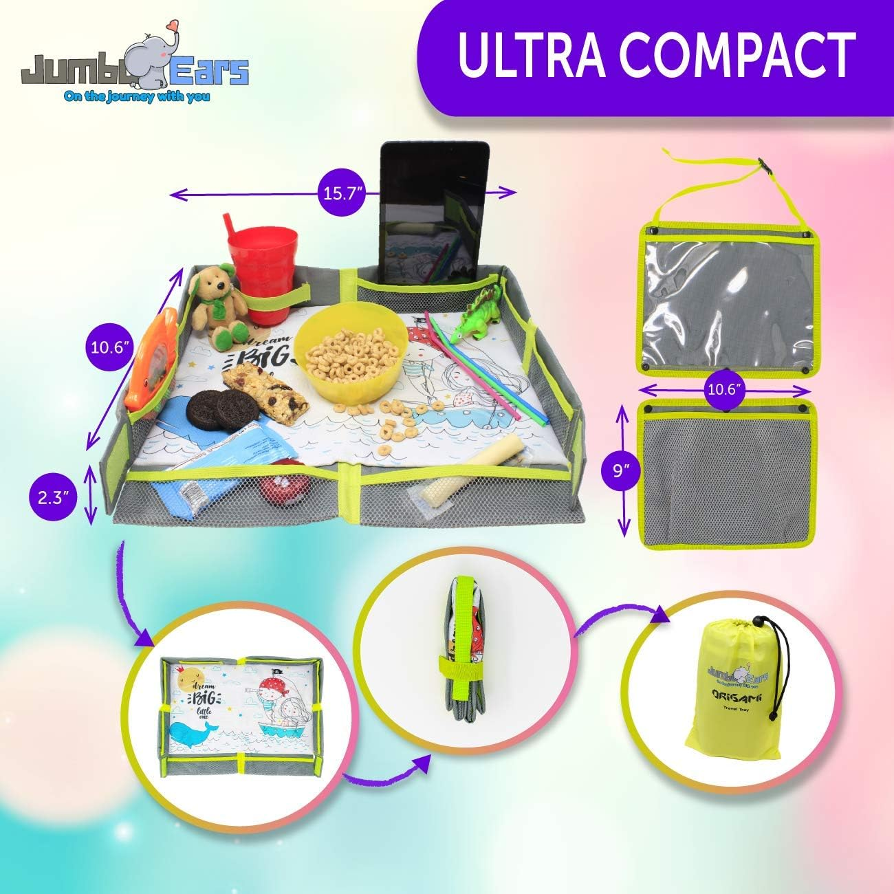 Gray Foldable Origami Kids Travel Tray Placemat Cover, Easy to Setup with Bonus Portable Multipurpose Side Pockets Organizer for Tablets and Phones Activities or Snacks for Toddler image number 3