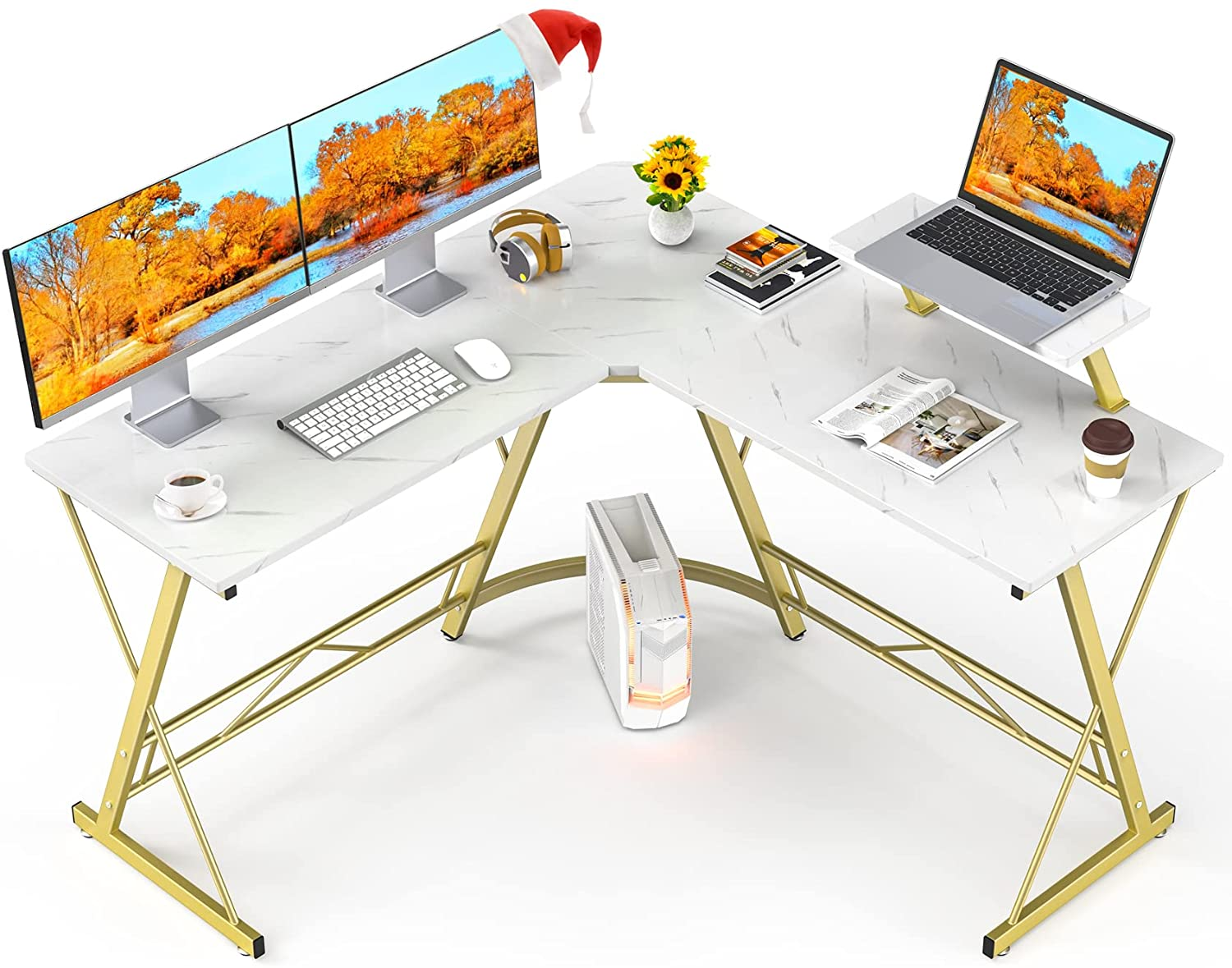 Mr Ironstone L Shaped Desk Computer Corner Desk, Home Gaming Desk, Office Writing Workstation with Large Monitor Stand, Easy to Assemble (White,51 Inch)