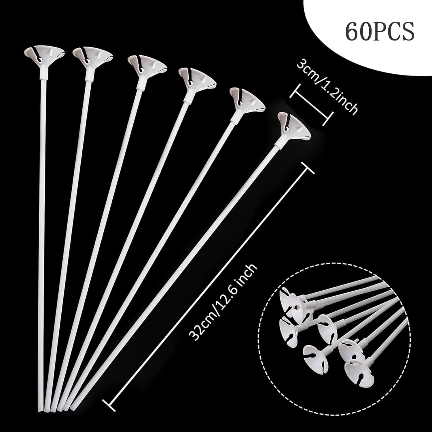 White Balloon Sticks Holders and Cups 60PCS, 32Cm Plastic Balloons Sticks, Reusable Balloon Holder Sticks for Birthday Party Wedding Anniversary Decoration image number 2