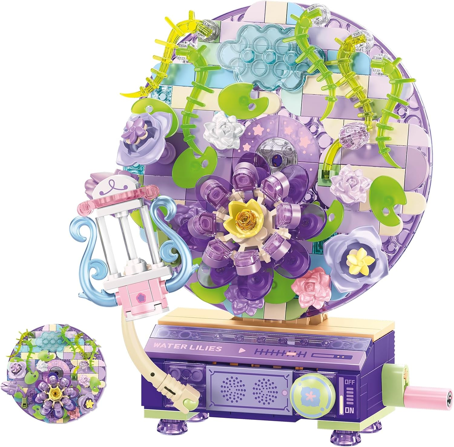 Music Box Botanical Collection Building Block Set,Artificial Flowers Record Player,Water Lilies,Best Gift on Chrismas,Valentine'S Day,Diy Stem Toy for Boys & Girls 6+(367 Pcs) image number 5