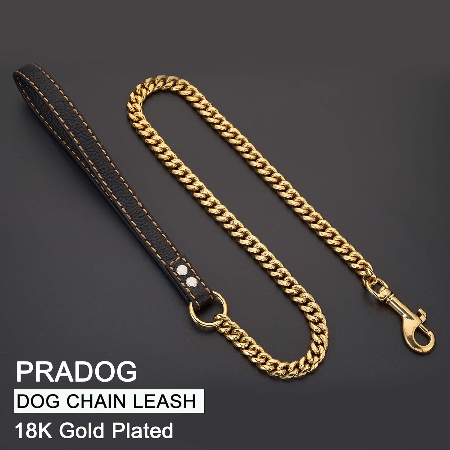 PRADOG Chain Dog Leash Metal Chew Proof 12MM Heavy Duty Pet Leash Chain with Leather Padded Handle for Large Medium Small Dogs(Total Length of 5Ft)