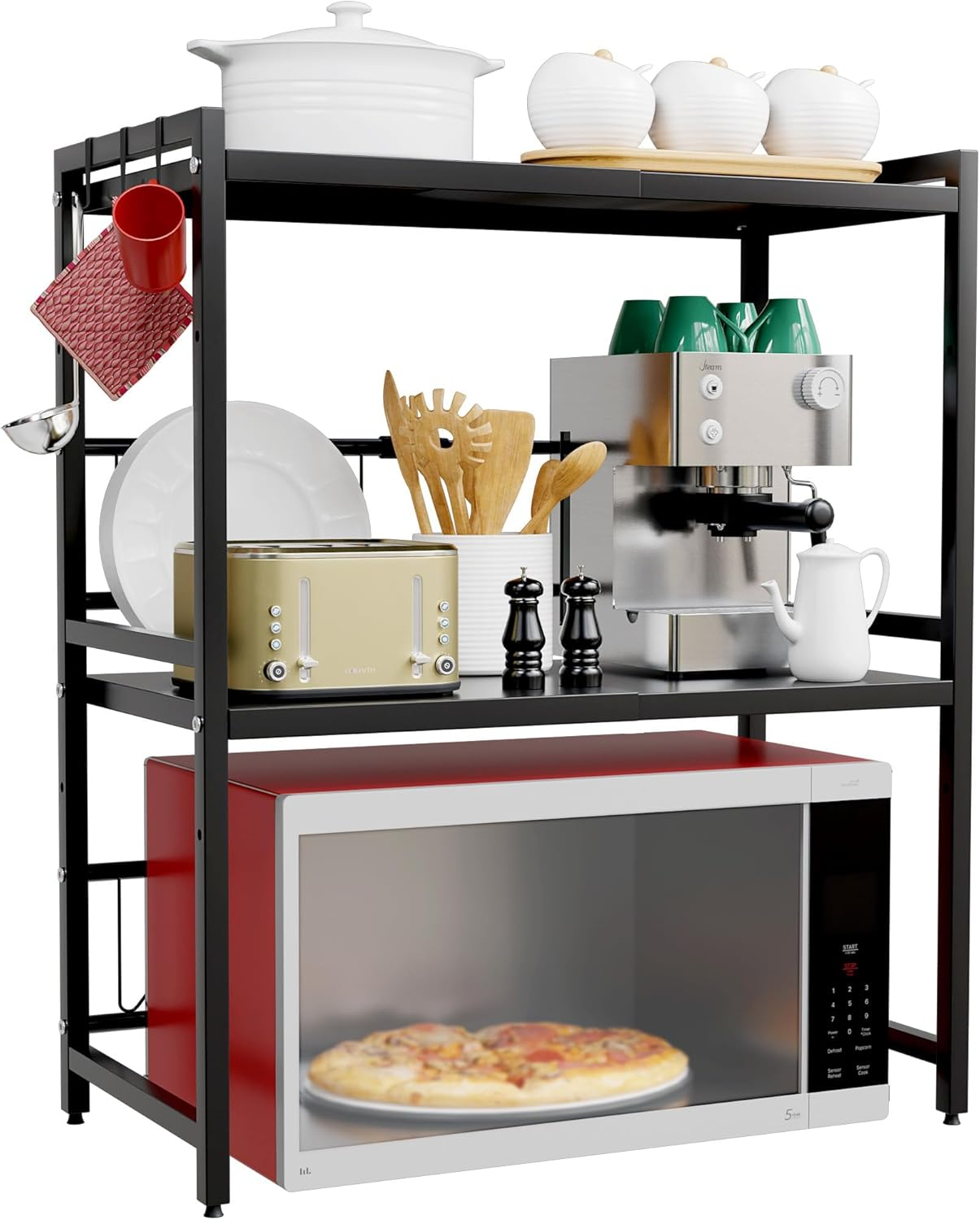 Expandable Microwave Oven Rack, 2 Tier Kitchen Countertop Shelf, Large Stand with Cutting Board Holder, 6 Hooks, Adjustable (Black-3 Tier)